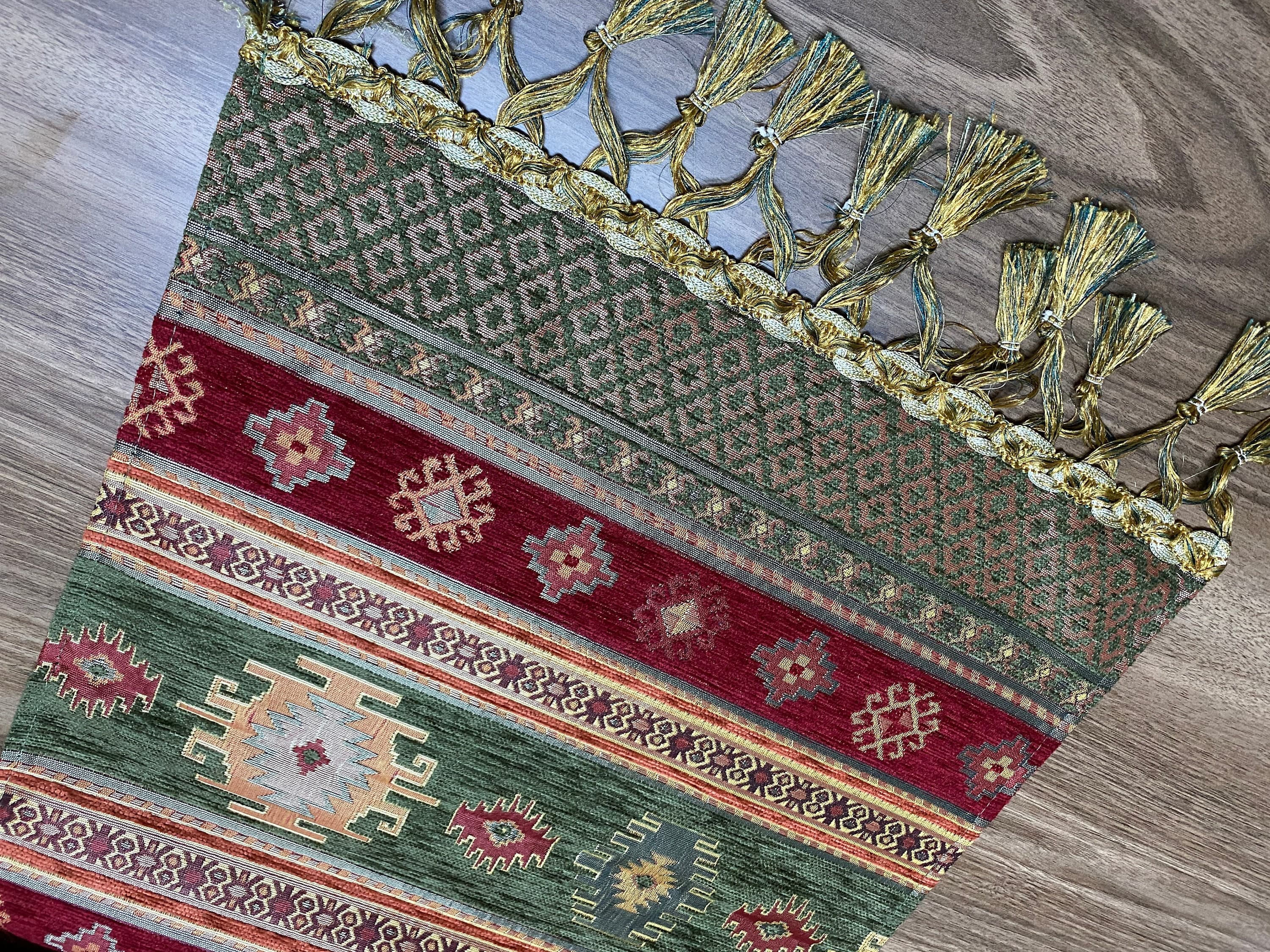 Burgundy Kilim Pattern Turkish Coffee Table Cloth Runner,  Aztec Boho Wedding Oriental Table Runner, Green Diner Table Runner, RNR275 - image 5