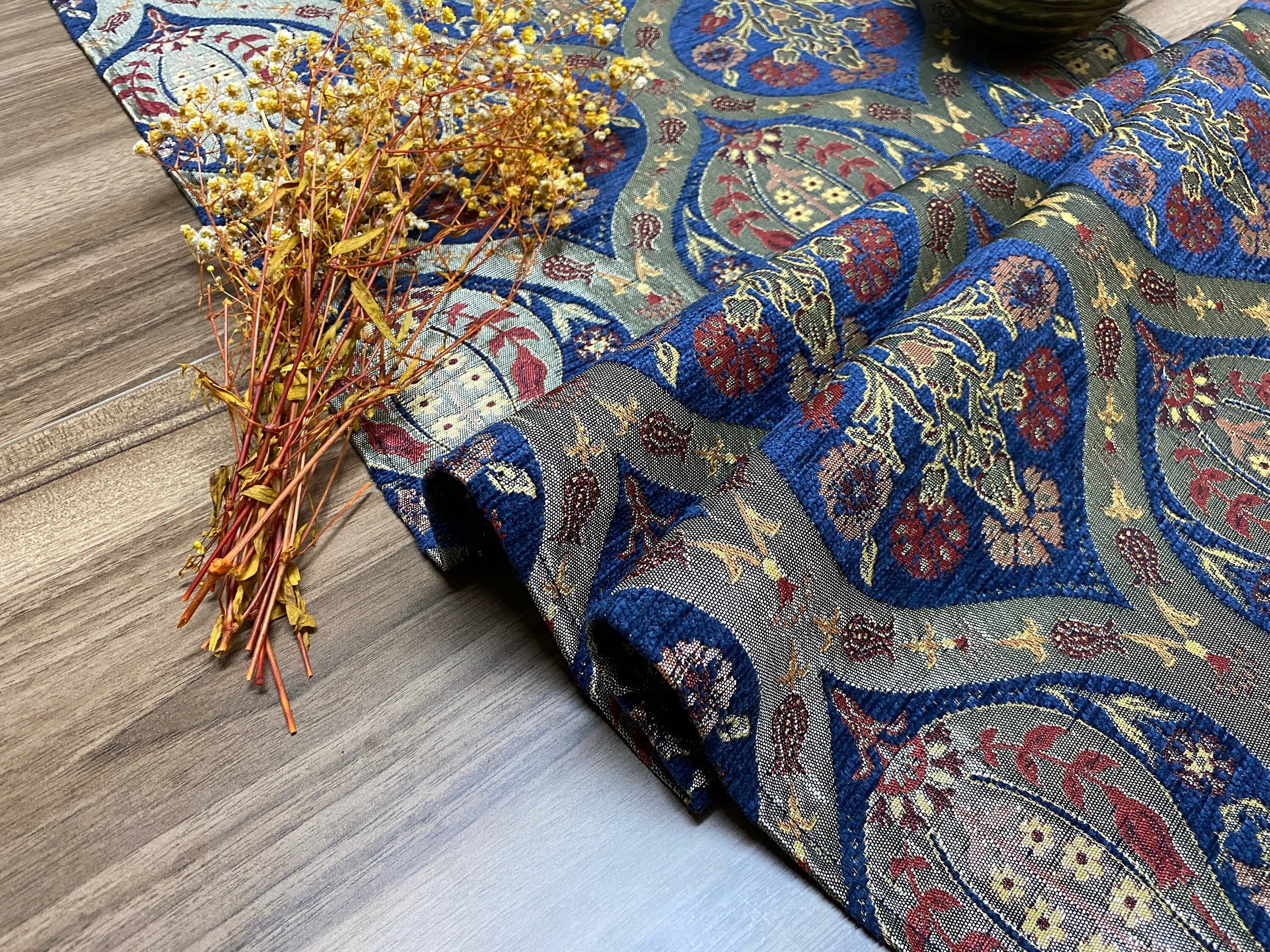 Dark Blue Tulip Pattern Turkish Coffee Table Cloth Runner,  Carnation Boho Wedding Oriental Table Runner, Diner Table Runner Cloth, RNR264 - image 4