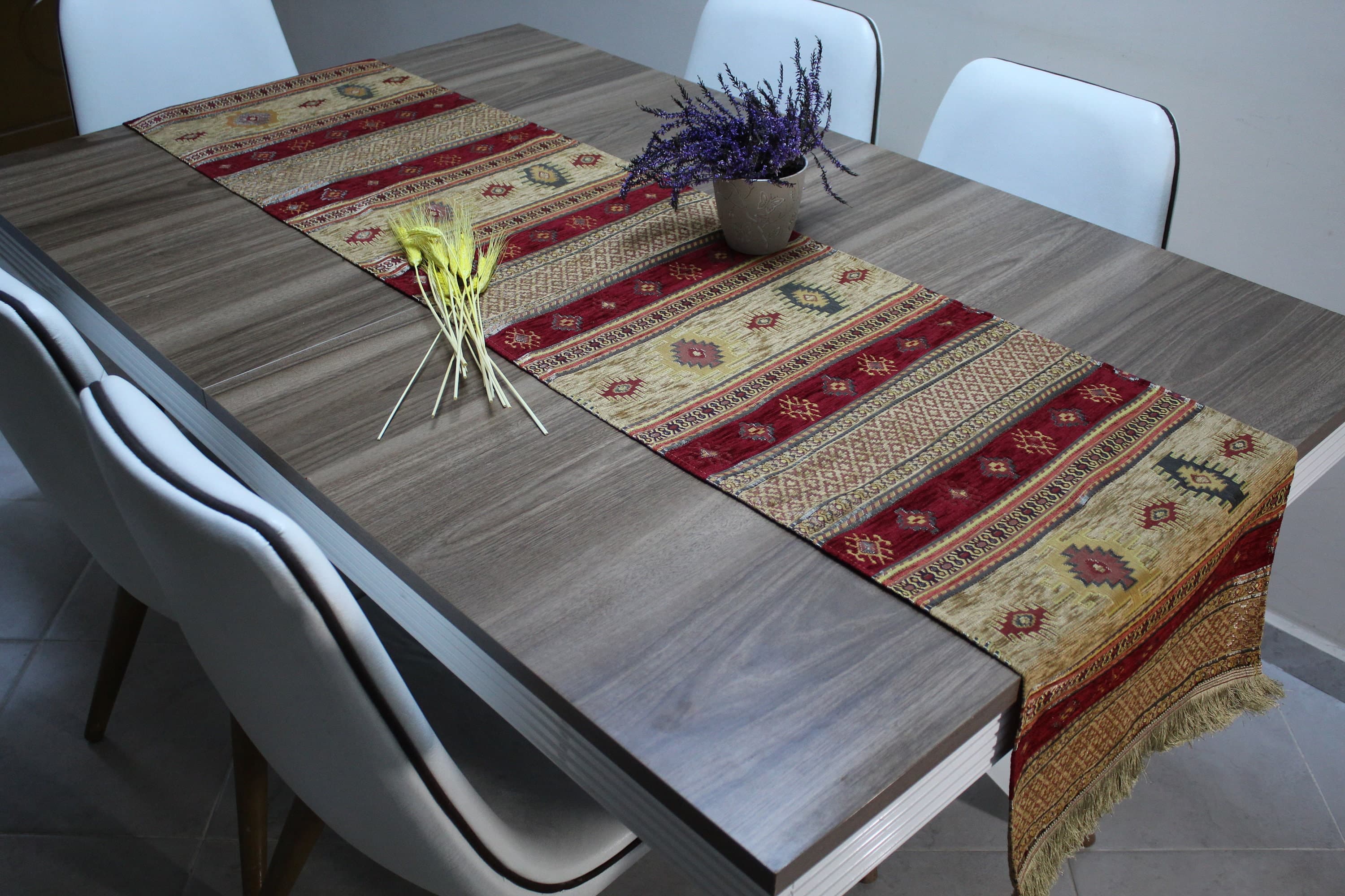 Mustard Turkish  Table Cloth Runner, Kilim Design  Aztec Boho Table Runner For Wedding, Burgundy Table Cover, Table Cloth,   RNR169