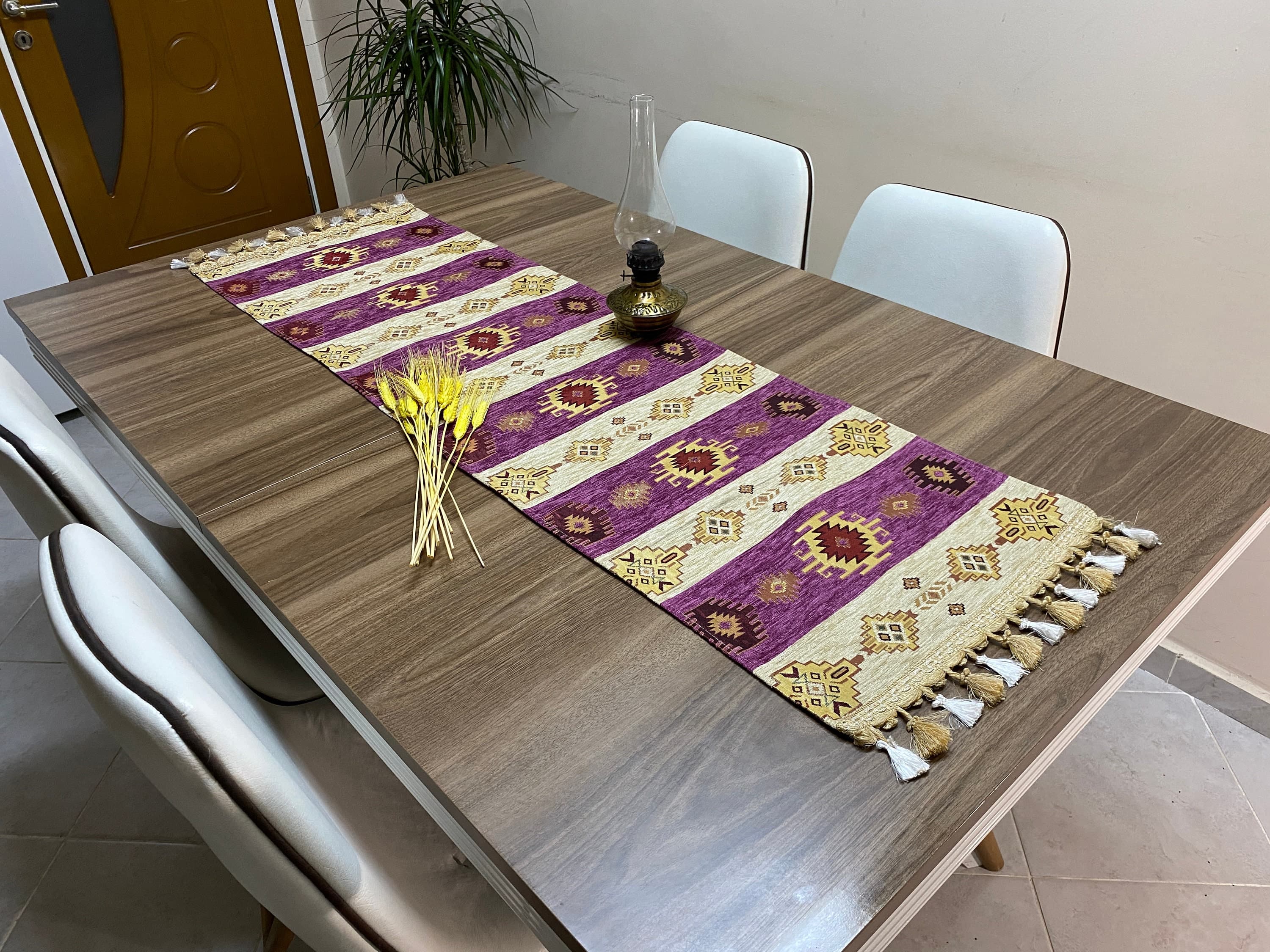 Lilac Kilim Pattern Turkish Coffee Table Cloth Runner,  Aztec Boho Wedding Oriental Table Runner, Cream Diner Table Runner, RNR281