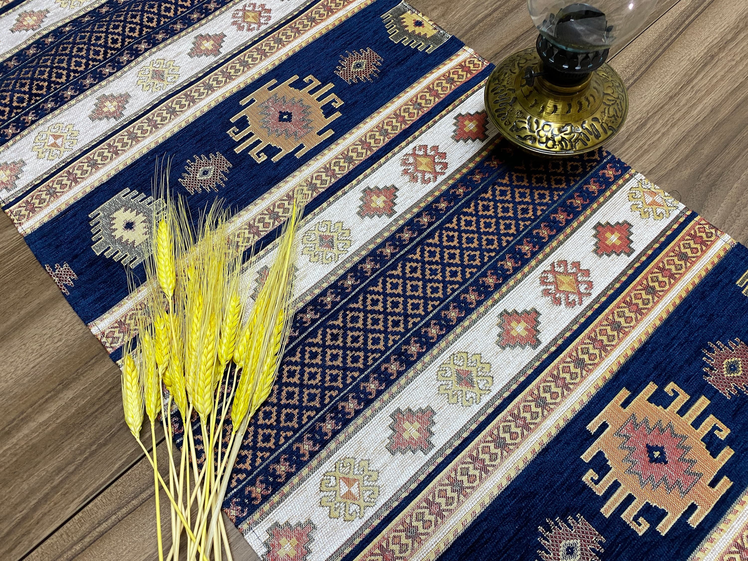 Dark Blue Kilim Pattern Turkish Coffee Table Cloth Runner,  Aztec Boho Wedding Oriental Table Runner, Cream Diner Table Runner, RNR286 - image 3