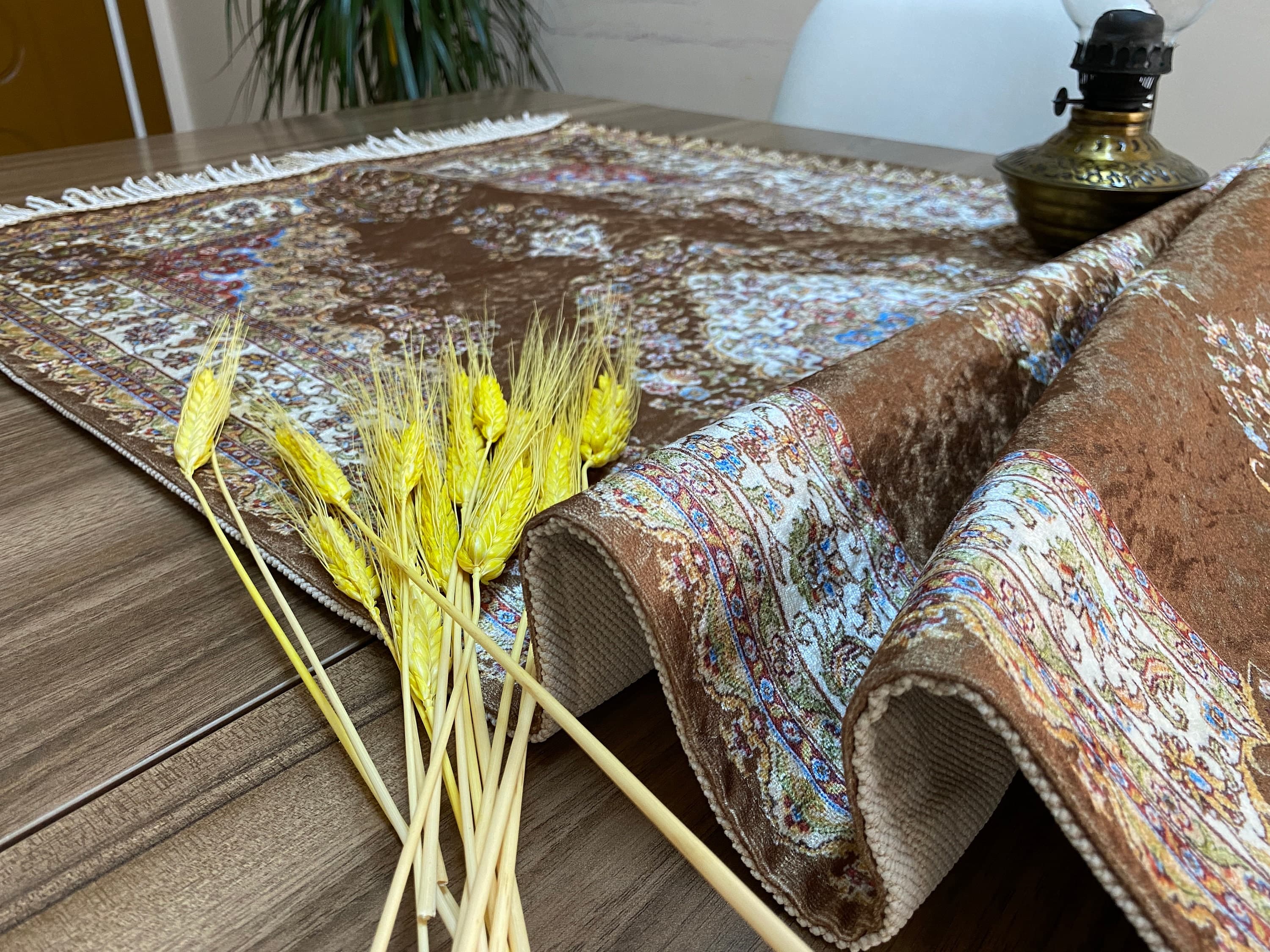 Brown Islamic Unique Muslim Prayer Mat, Wedding Gift, Beige Boho Wall Decoration, Oriental Table , Diner Table Runner, RNR444 - image 4