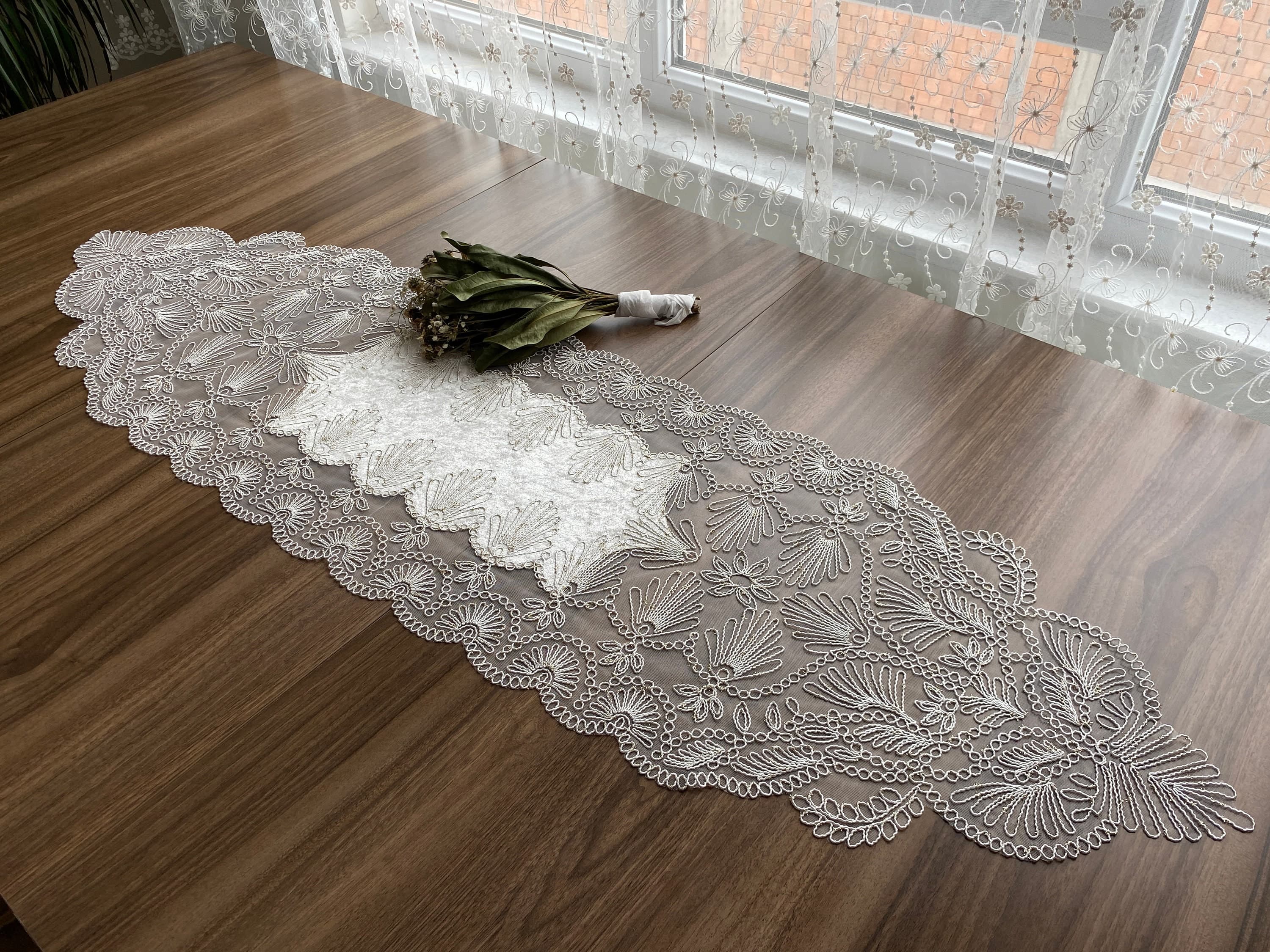 Cream French Lace Velvet Table Runner, Delicate French Lace Table Runner For Wedding Table, Table Decoration, Organizations, Weddings, LC211