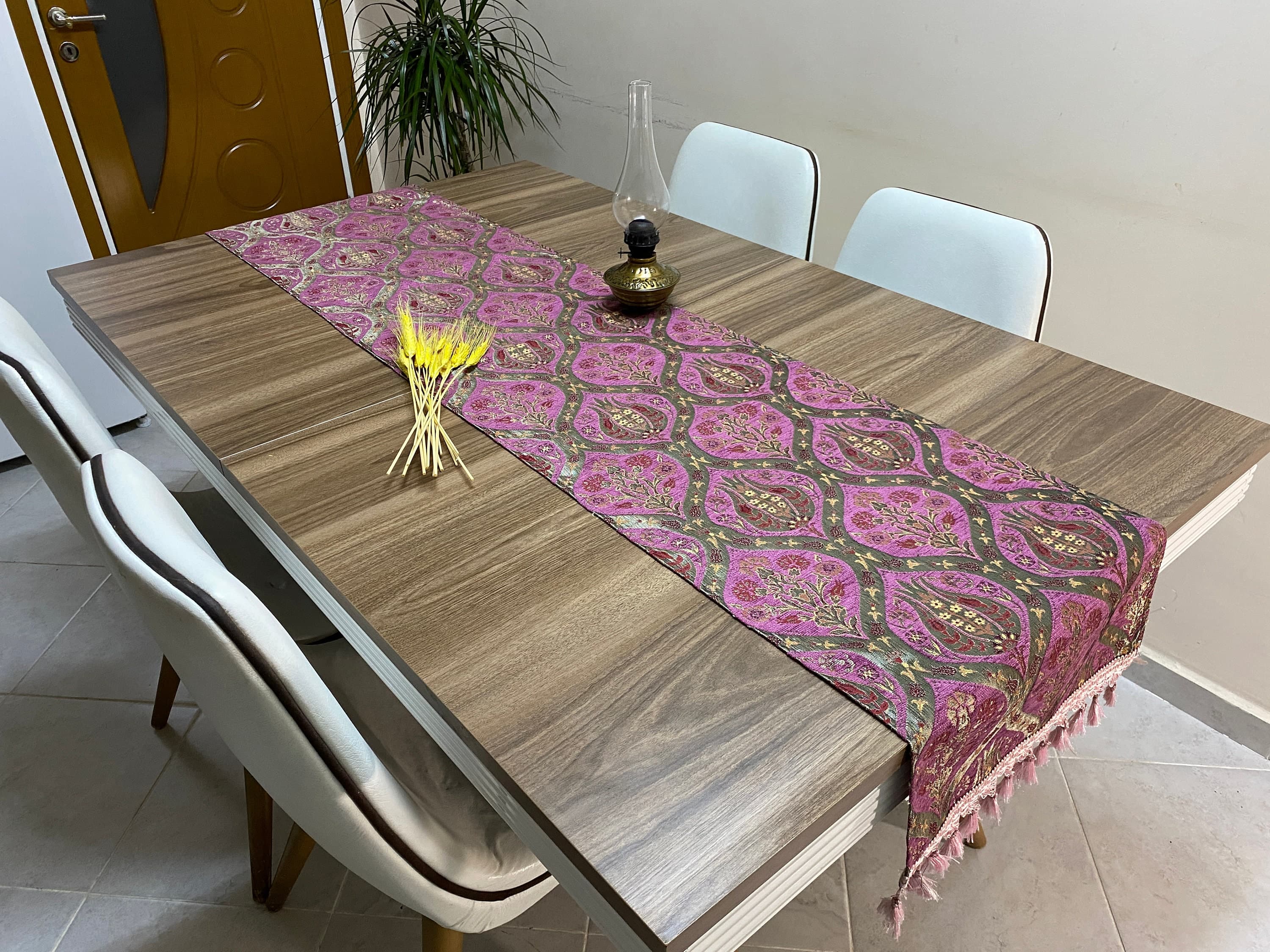 Lilac Tulip Pattern Turkish Table Runner, Long Boho Wedding Table Decor, Gray Carnation Farmhouse Rustic Table Runner, RNR374