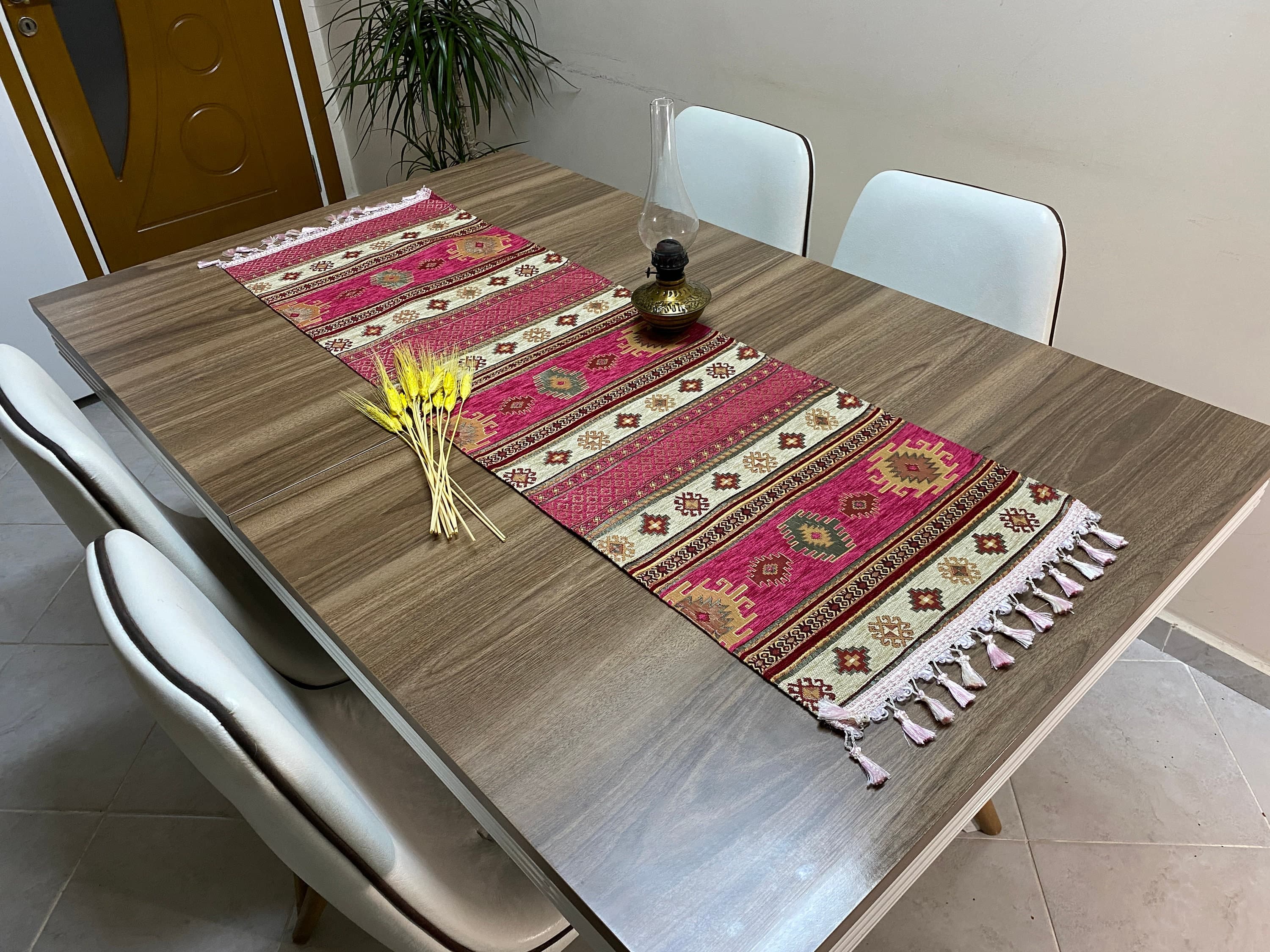 Fuchsia Kilim Pattern Turkish Coffee Table Cloth Runner,  Aztec Boho Wedding Oriental Table Runner, Cream Diner Table Runner, RNR280