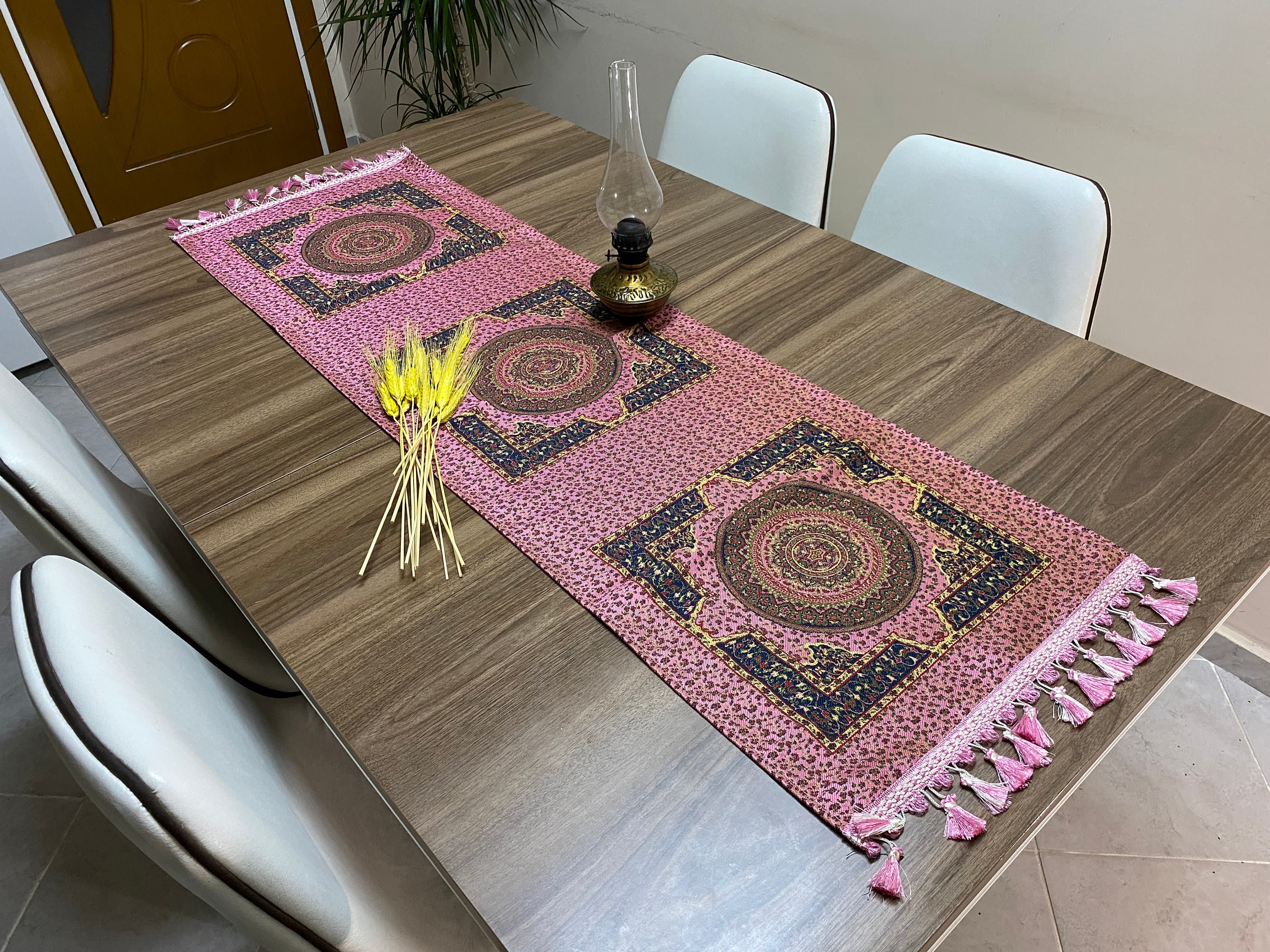 Pink Ceramic Pattern Turkish Coffee Table Cloth Runner, Aztec Boho Wedding Oriental Table Runner, Blue Diner Table Runner, RNR293