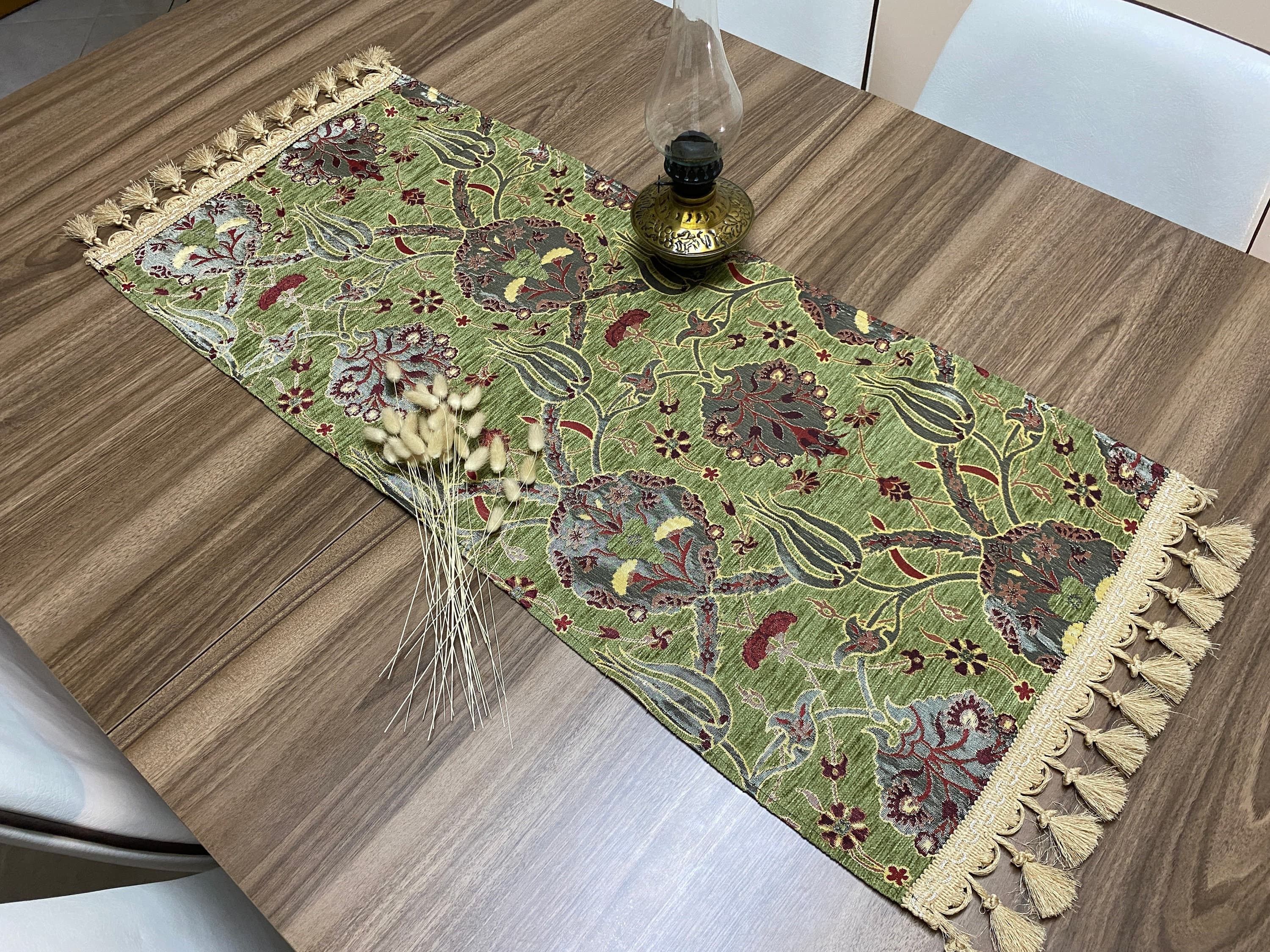 Pistachio Green Tulipl Pattern Mini Turkish Coffee Table Cloth Runner, Home Boho Wedding Oriental Table Runner, Diner Table Runner, RNR325 - image 3