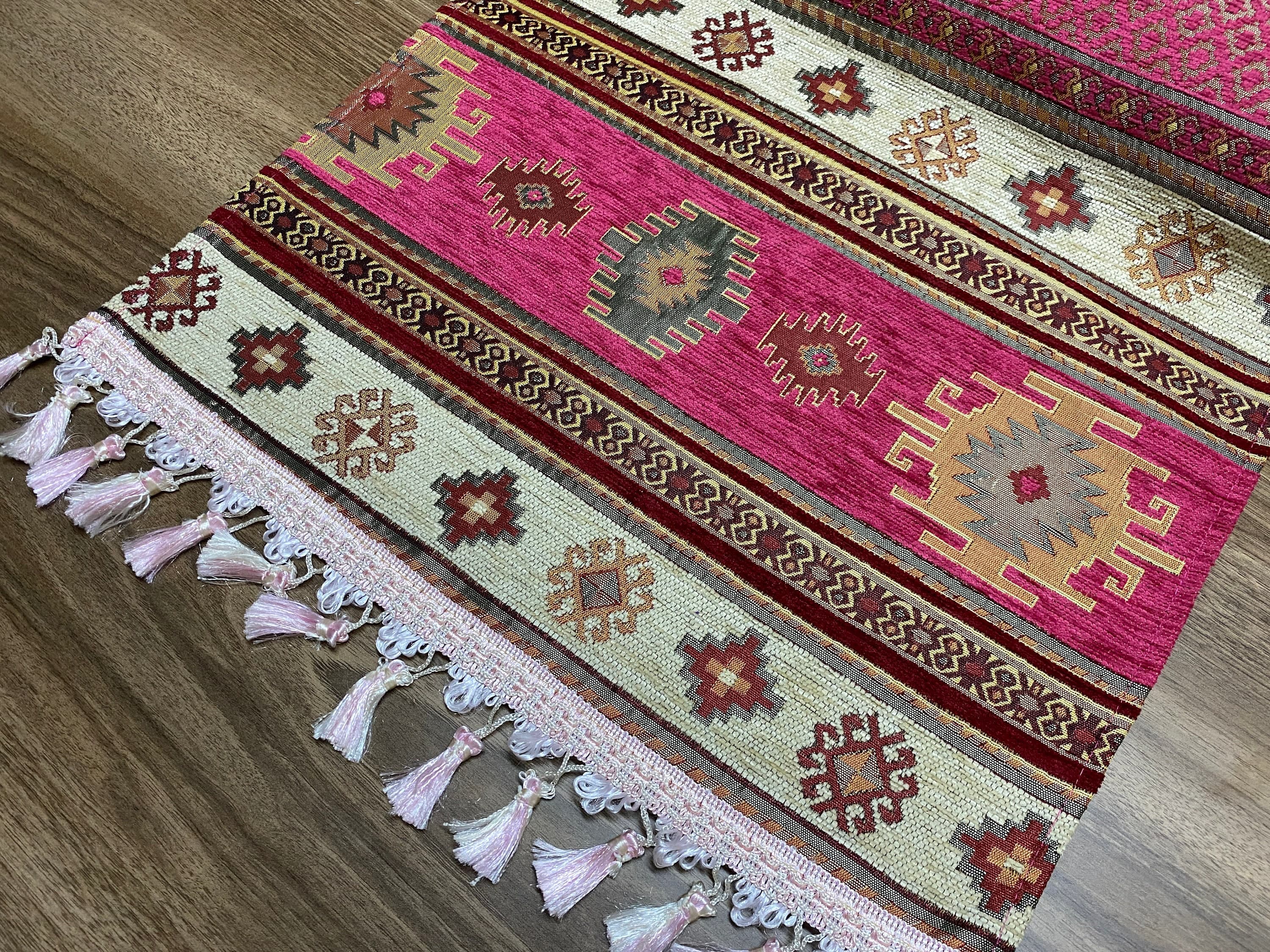 Fuchsia Kilim Pattern Turkish Coffee Table Cloth Runner,  Aztec Boho Wedding Oriental Table Runner, Cream Diner Table Runner, RNR280 - image 5