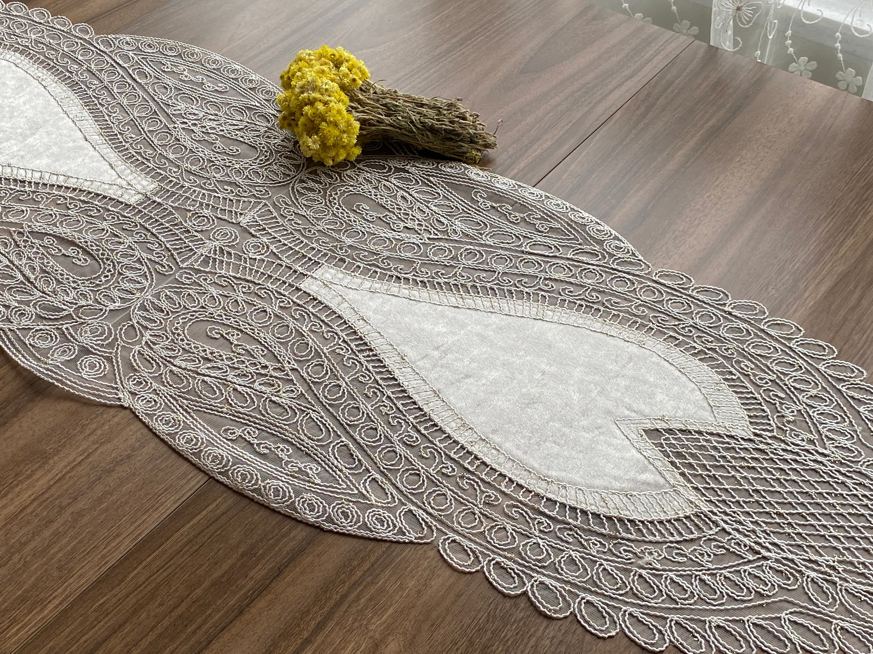Cream French Lace Velvet Table Runner, Delicate French Lace Table Runner For Wedding Table, Table Decoration, Organizations, Weddings, LC217 - image 3