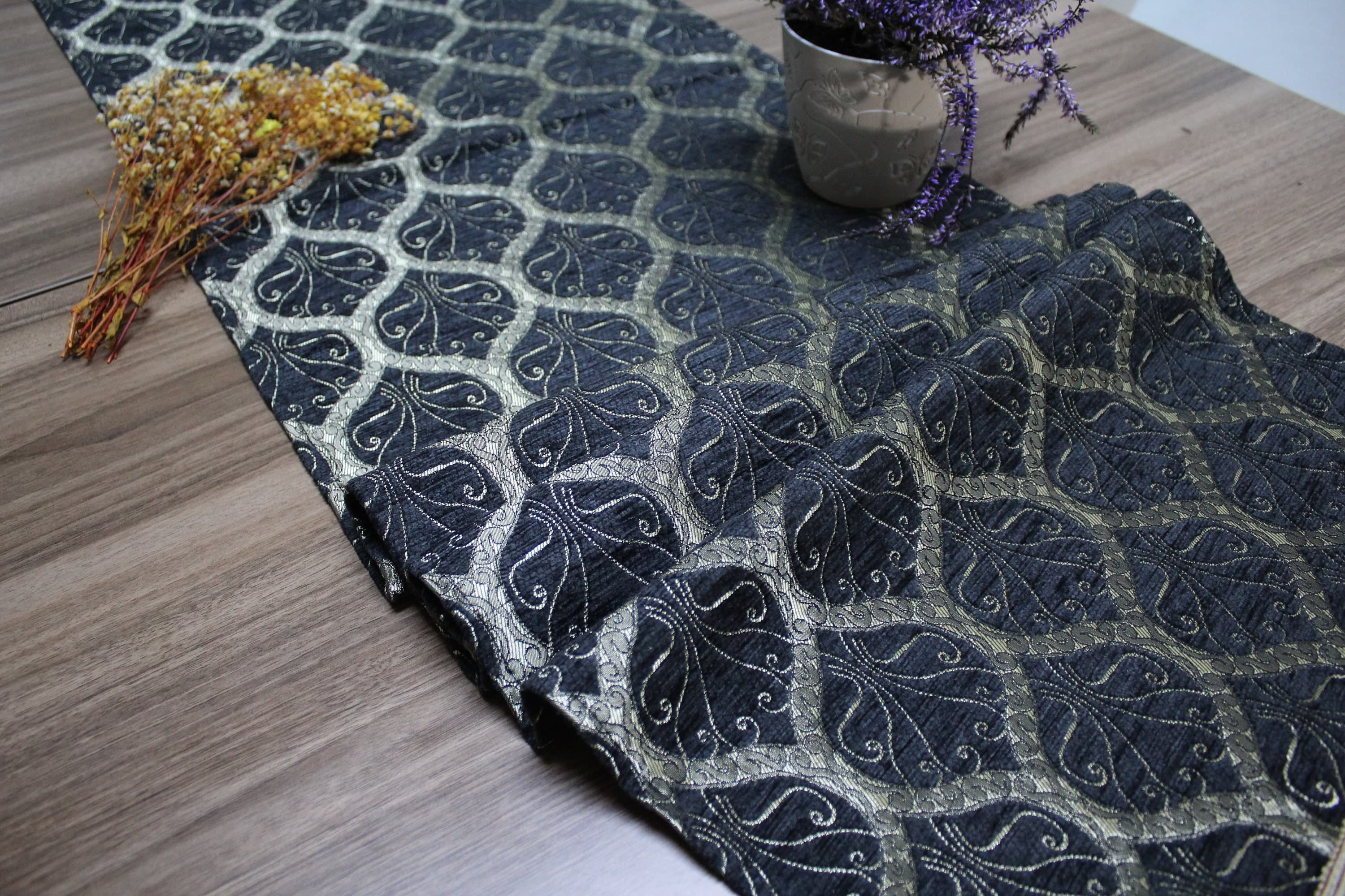Black Turkish  Table Cloth Runner, Peacock Tail Design Floral Boho Table Runner For Wedding, Gold Table Cover, Coffee Table Runner,  RNR190 - image 4