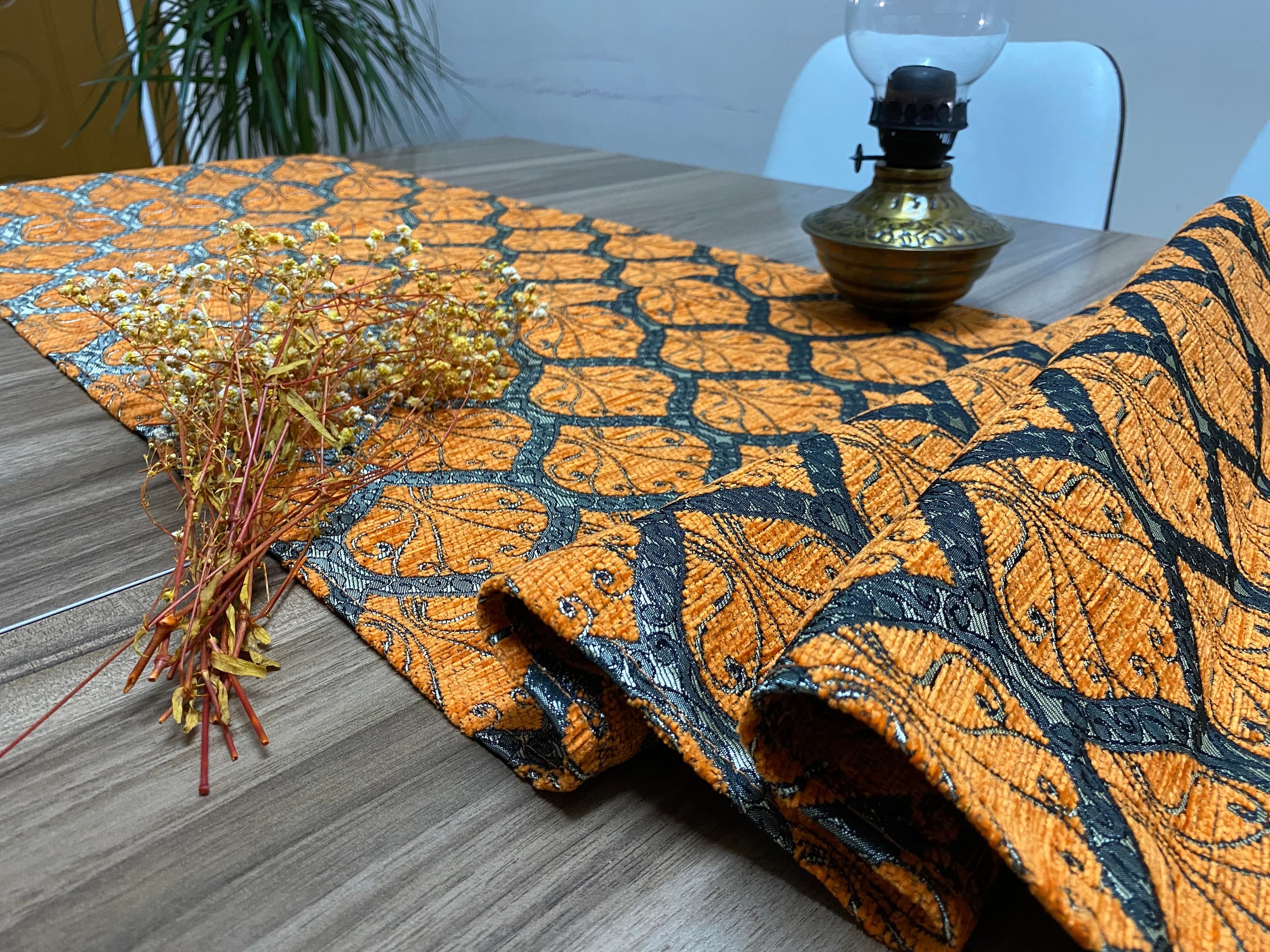 Orange Peacock Tail Pattern Turkish Coffee Table Cloth Runner,  Home Boho Wedding Oriental Table Runner, Chemin de Table Rustique, RNR413 - image 4