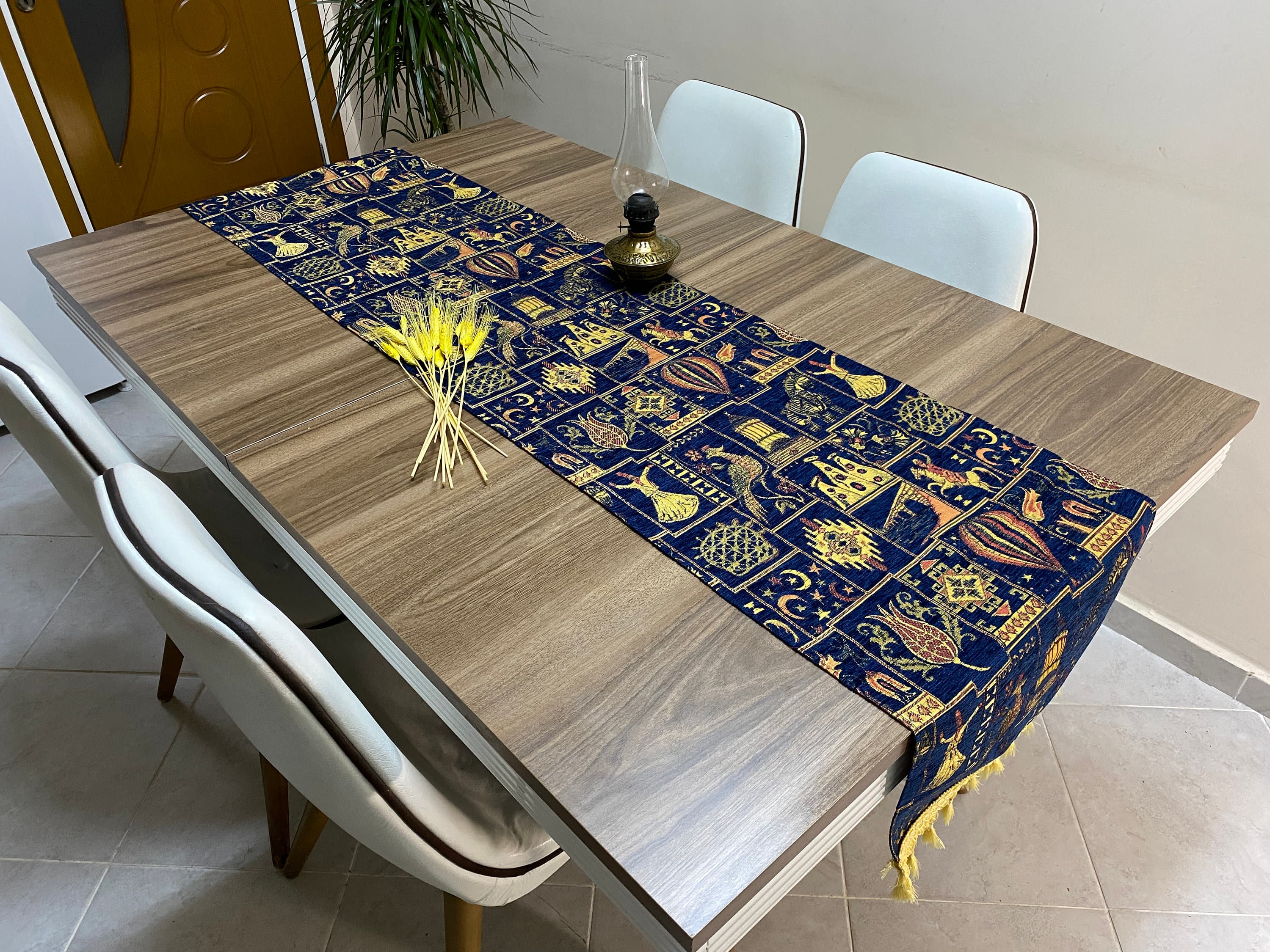 Dark Blue Tulip Pattern Turkish Table Runner, Long Boho Wedding Table Decor, Gray Cappadocia Farmhouse Rustic Table Runner, RNR377