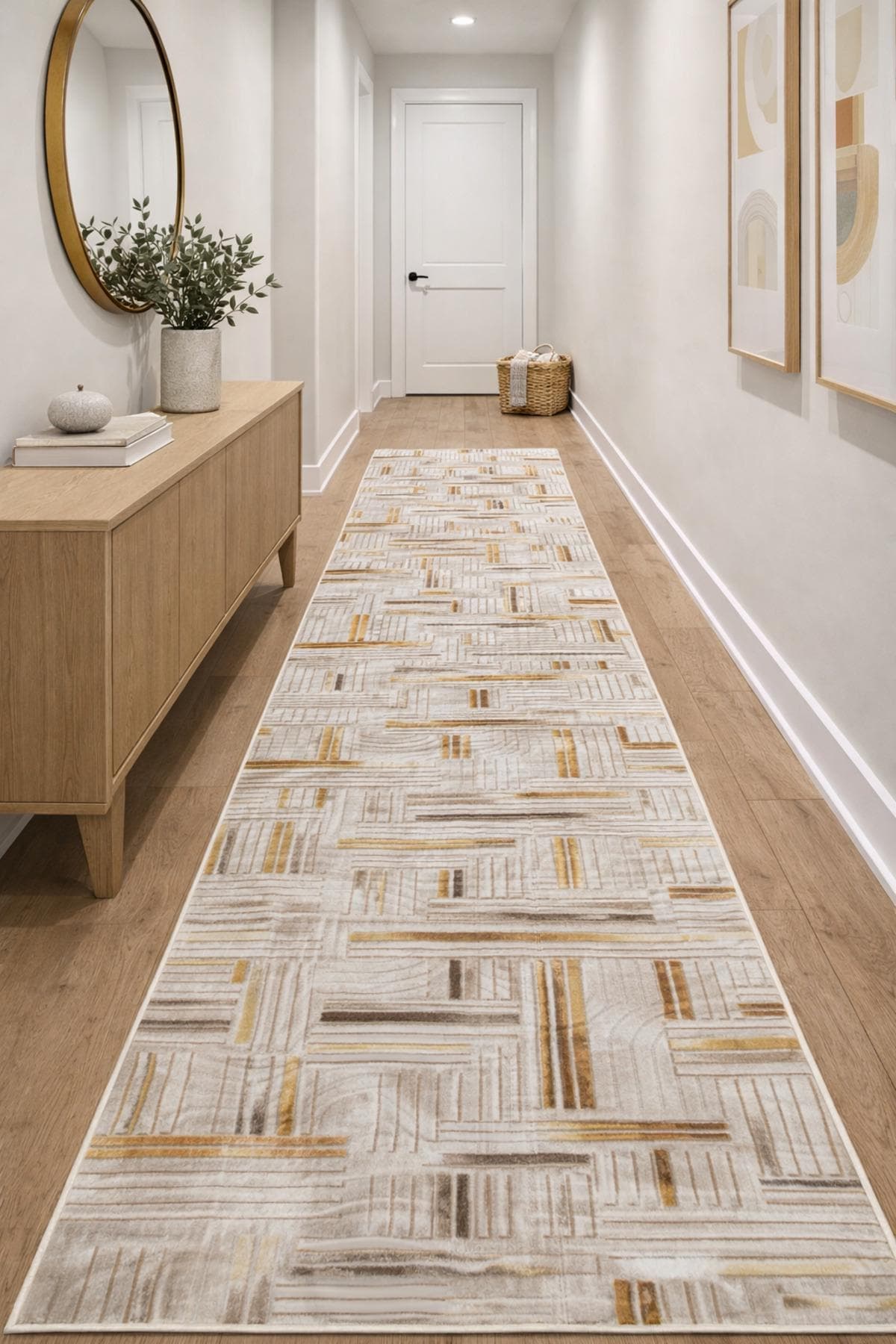 Washable Turkish Runner Rug, Non Slip Cotton Base Hallway Kitchen Carpet Modern Soft Stain Resistant Runner, BH-3005-BEJ