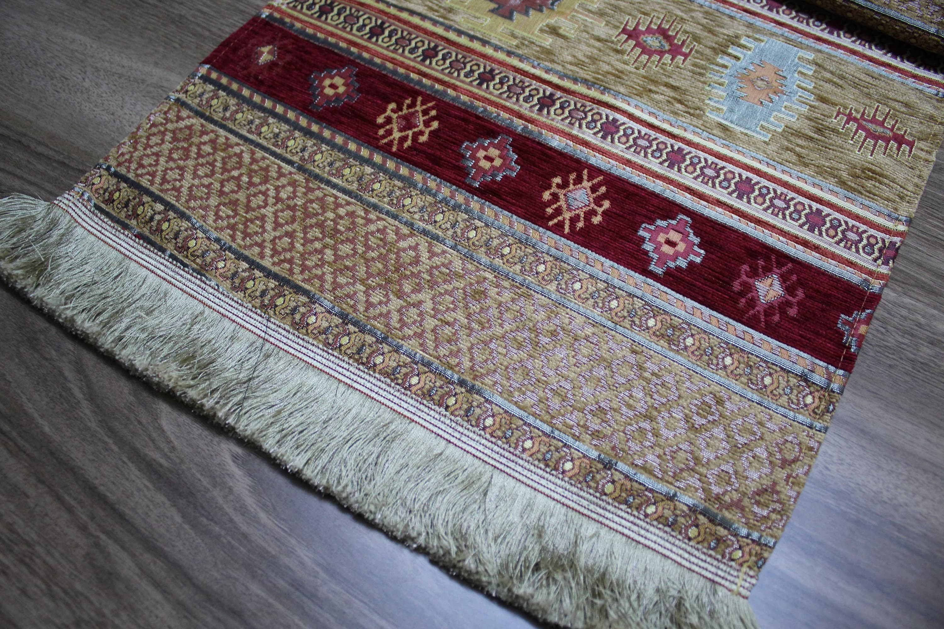 Mustard Turkish  Table Cloth Runner, Kilim Design  Aztec Boho Table Runner For Wedding, Burgundy Table Cover, Table Cloth,   RNR169 - image 5