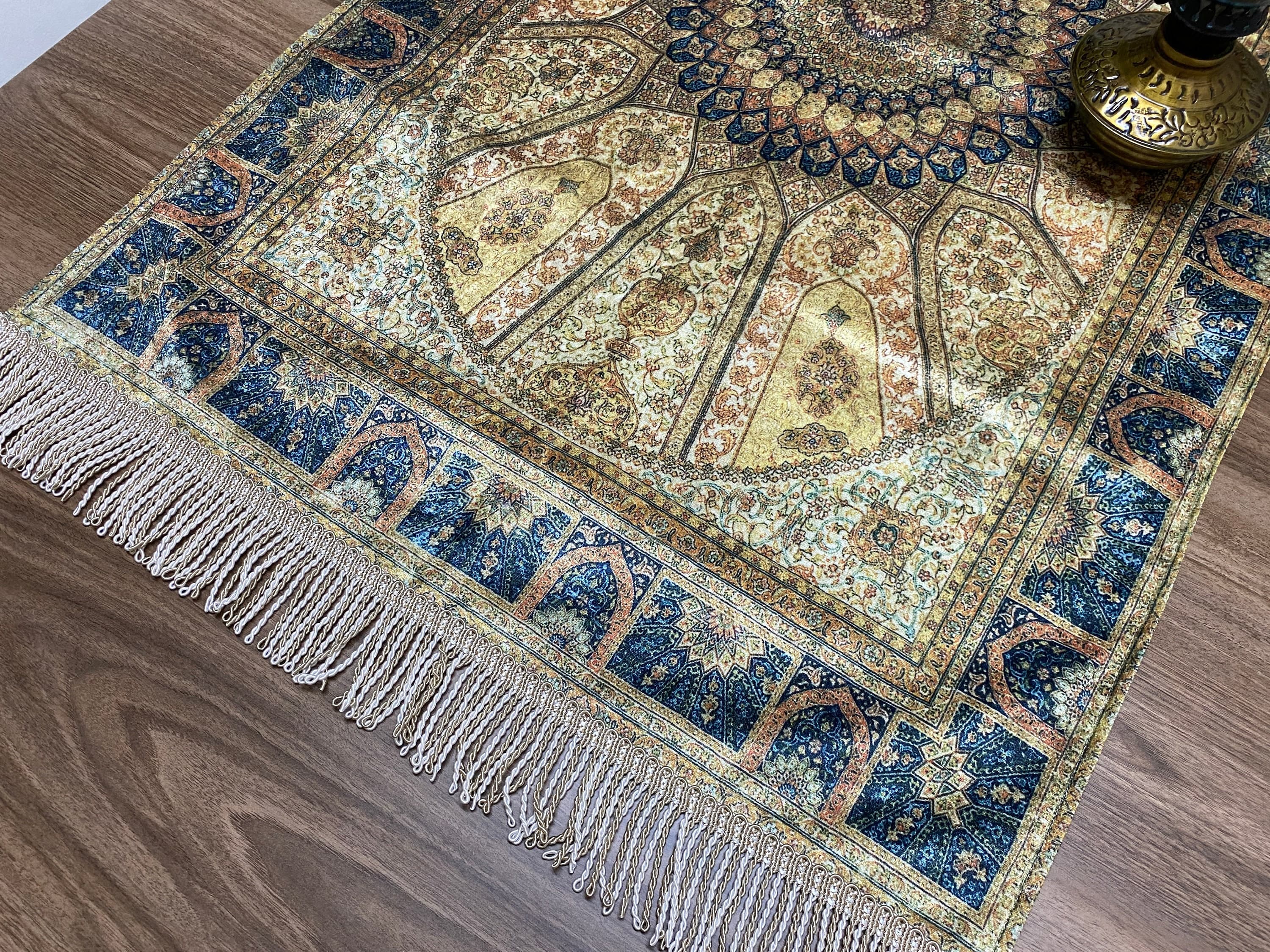 Yellow Islamic Unique Muslim Prayer Mat, Wedding Gift, Green Boho Wall Decoration, Oriental Table , Diner Table Runner, RNR359 - image 5