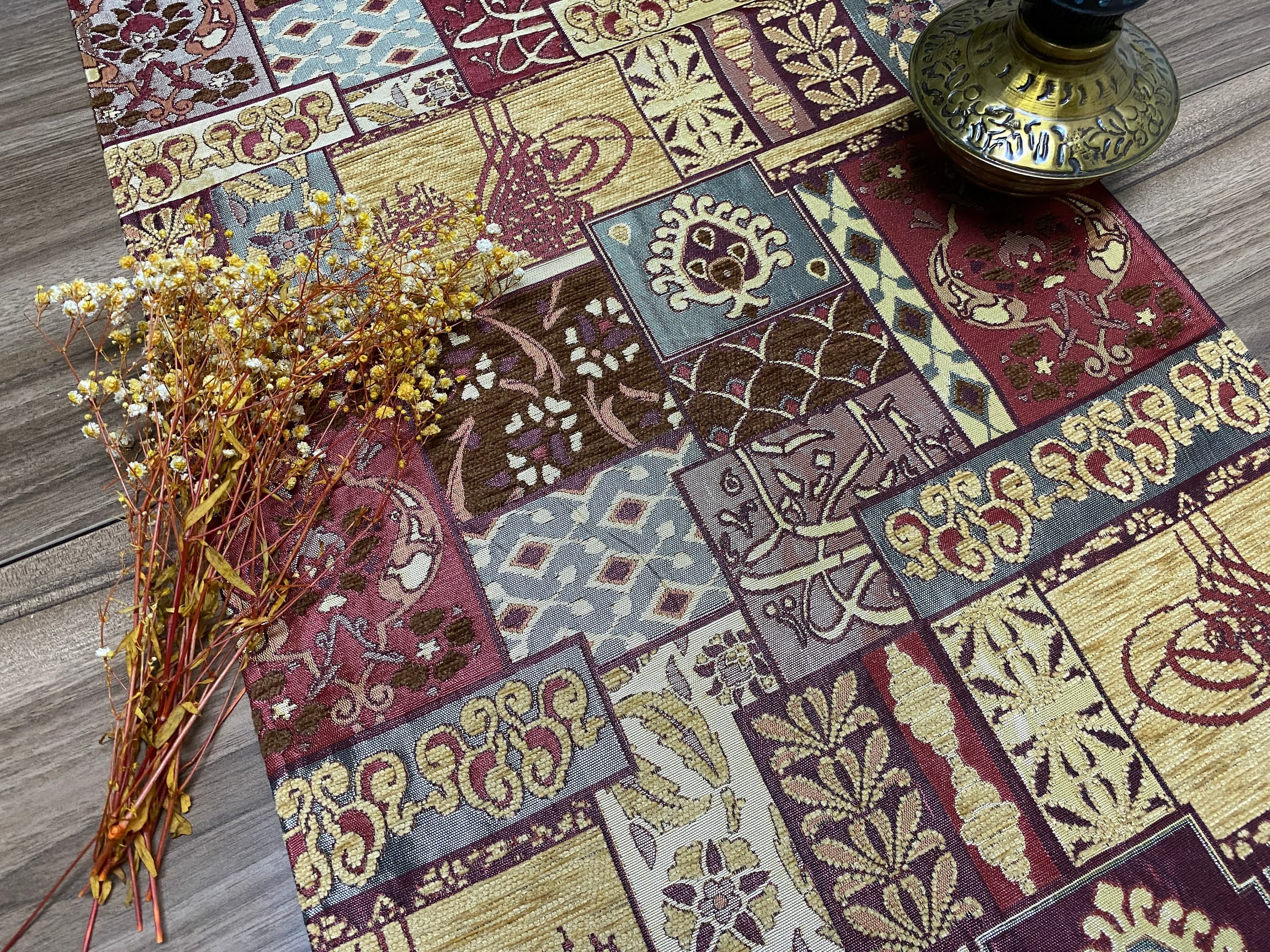 Brown Ottoman Pattern Turkish Coffee Table Cloth Runner,  Home Boho Wedding Oriental Table Runner, Long Gray Diner Table Runner, RNR418 - image 3
