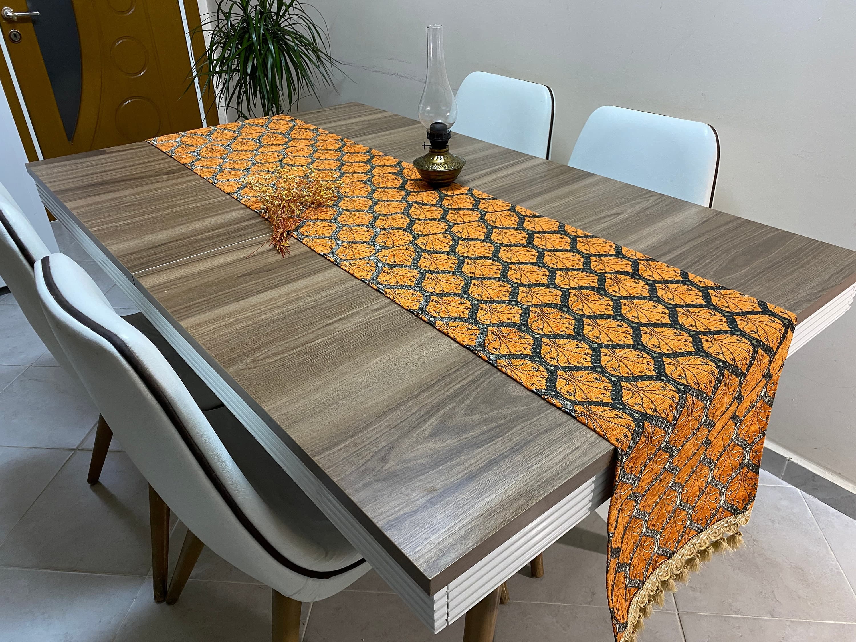 Orange Peacock Tail Pattern Turkish Coffee Table Cloth Runner,  Home Boho Wedding Oriental Table Runner, Chemin de Table Rustique, RNR413