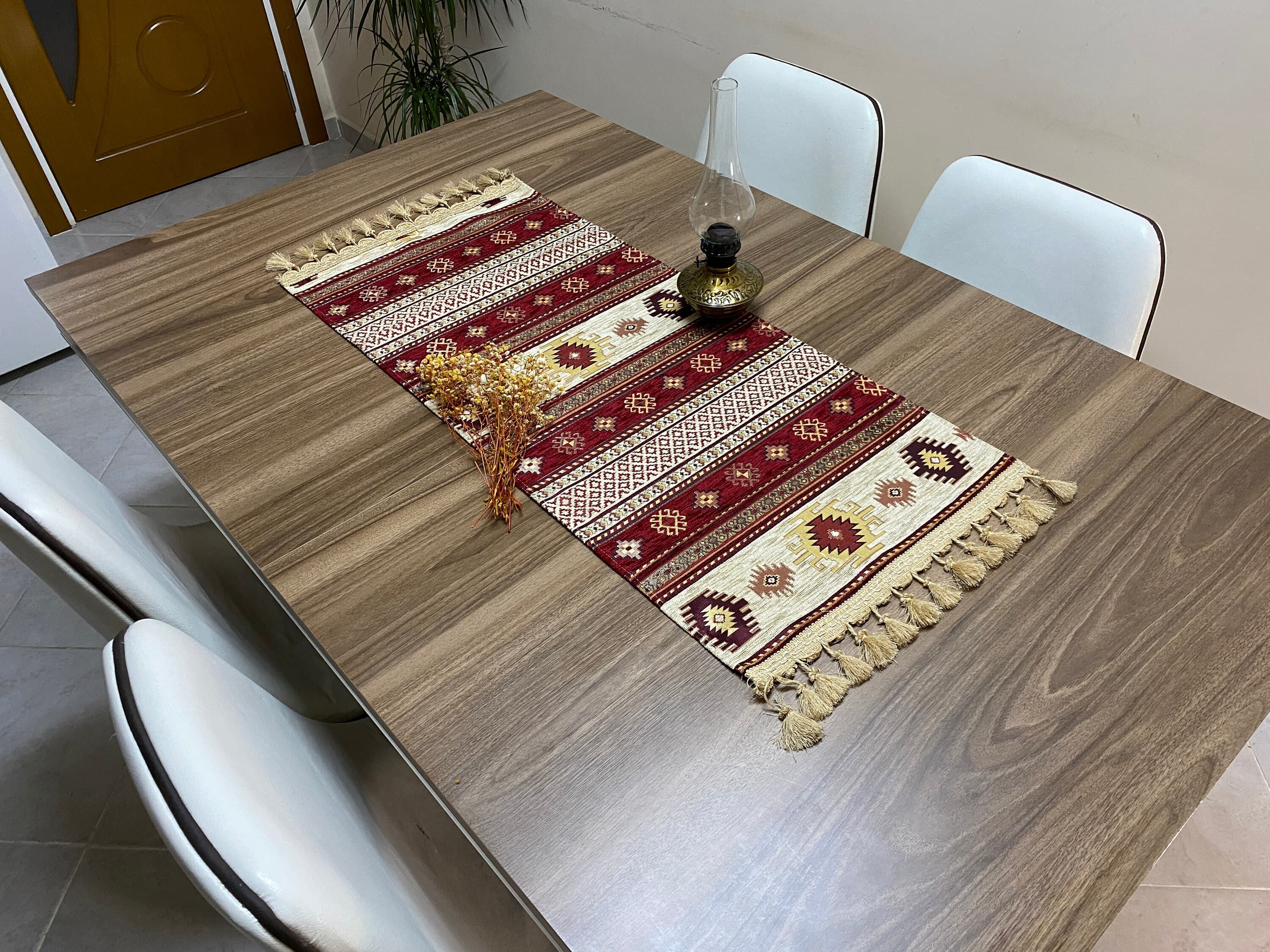 Burgundy Kilim Pattern Turkish Coffee Table Cloth Runner, Actec Small Home Boho Wedding Oriental Table Runner, Diner Table Runner, RNR345 - image 3