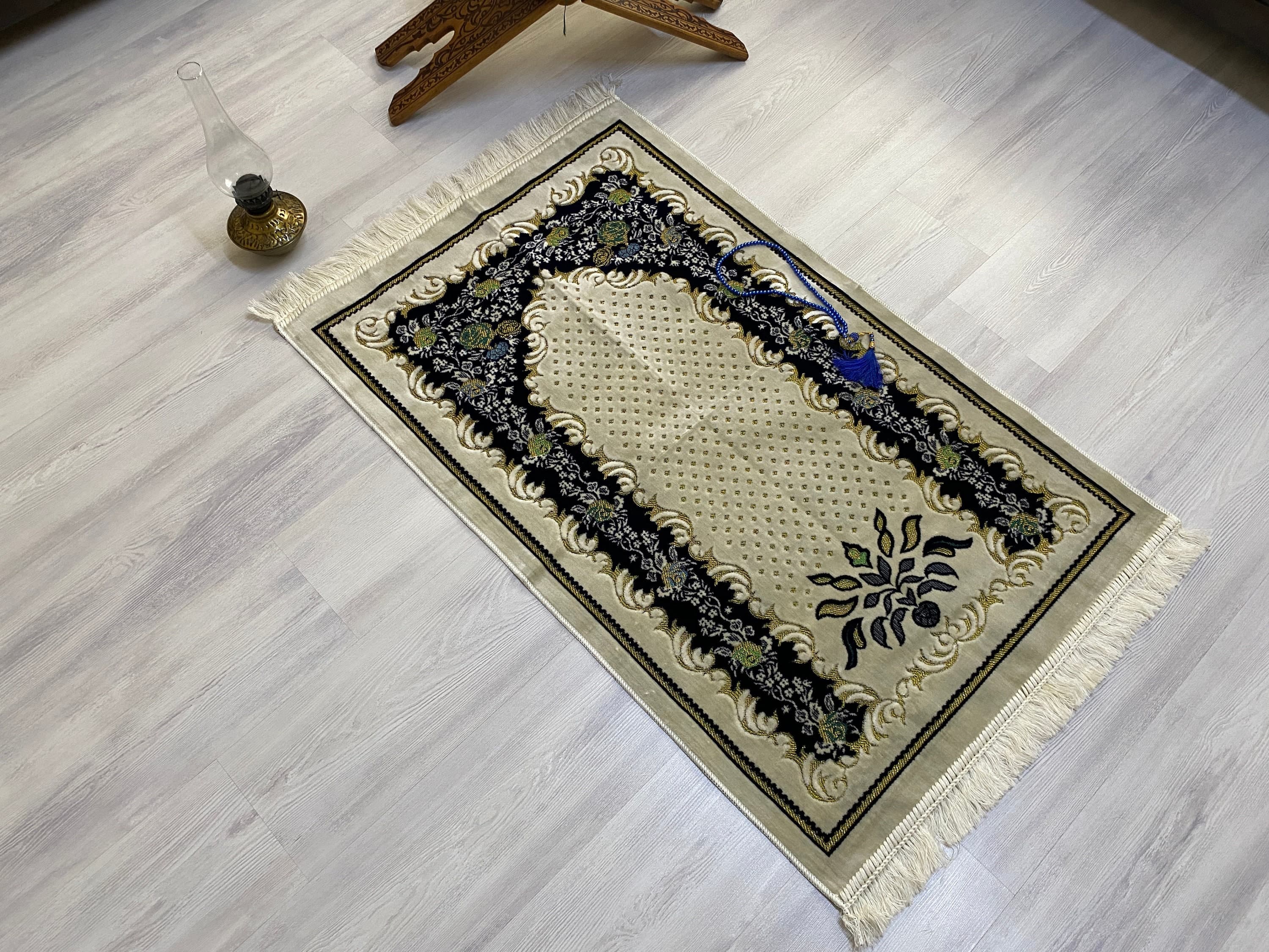 Cream Dark Blue Prayer Mat, Sejadah Prayer Mat with Tasbeeh,Muslim Wedding Gift, Prayer Rug, Muslim Janamaz, Islamic Gift, RNR535 - image 4