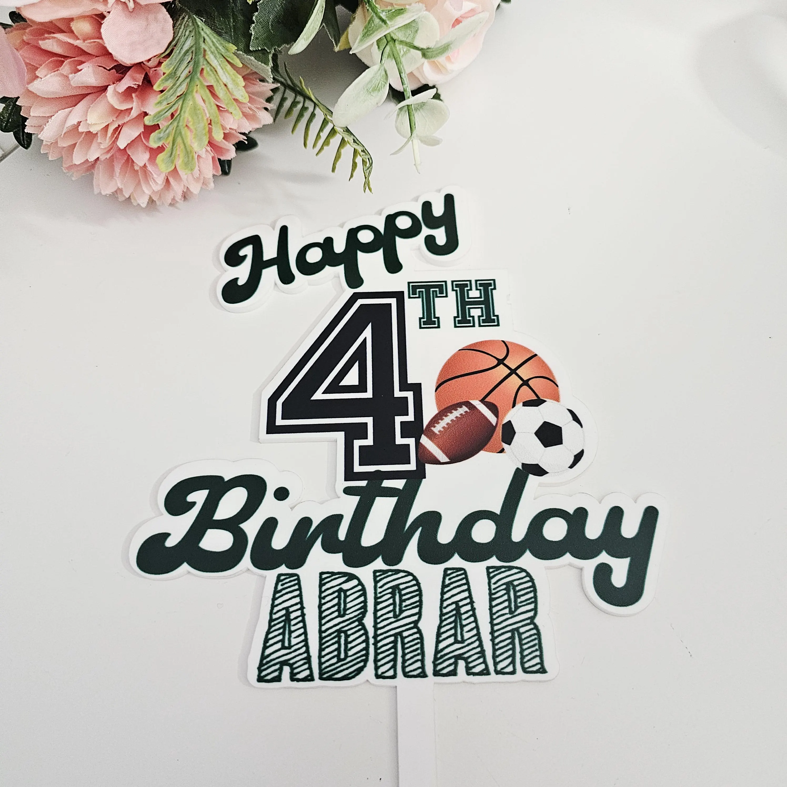 Personalized Sports Theme Acrylic Cake Topper – UV Printed Birthday Decoration