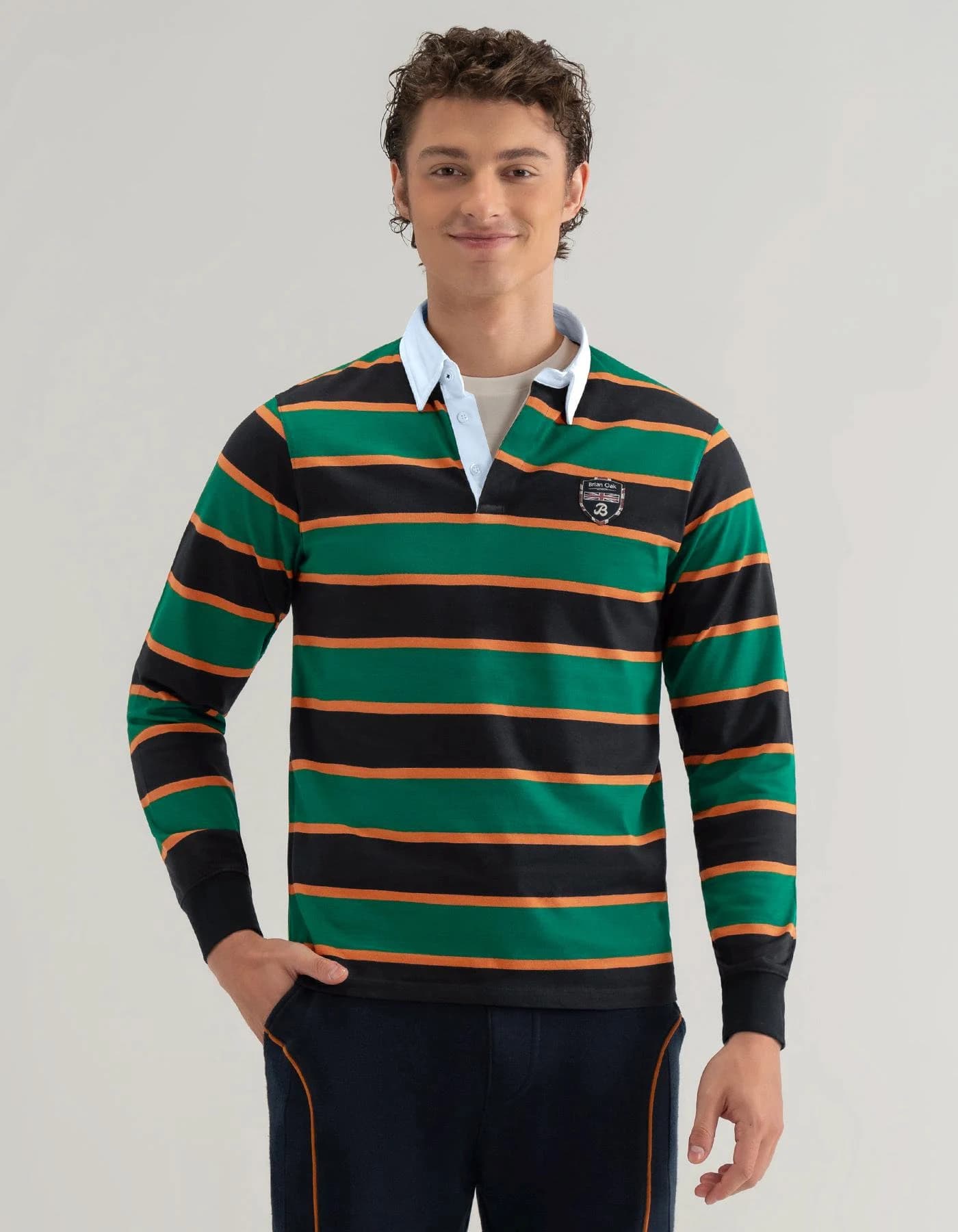 British Green Yarn Dyed Striped Cotton Rugby Shirt