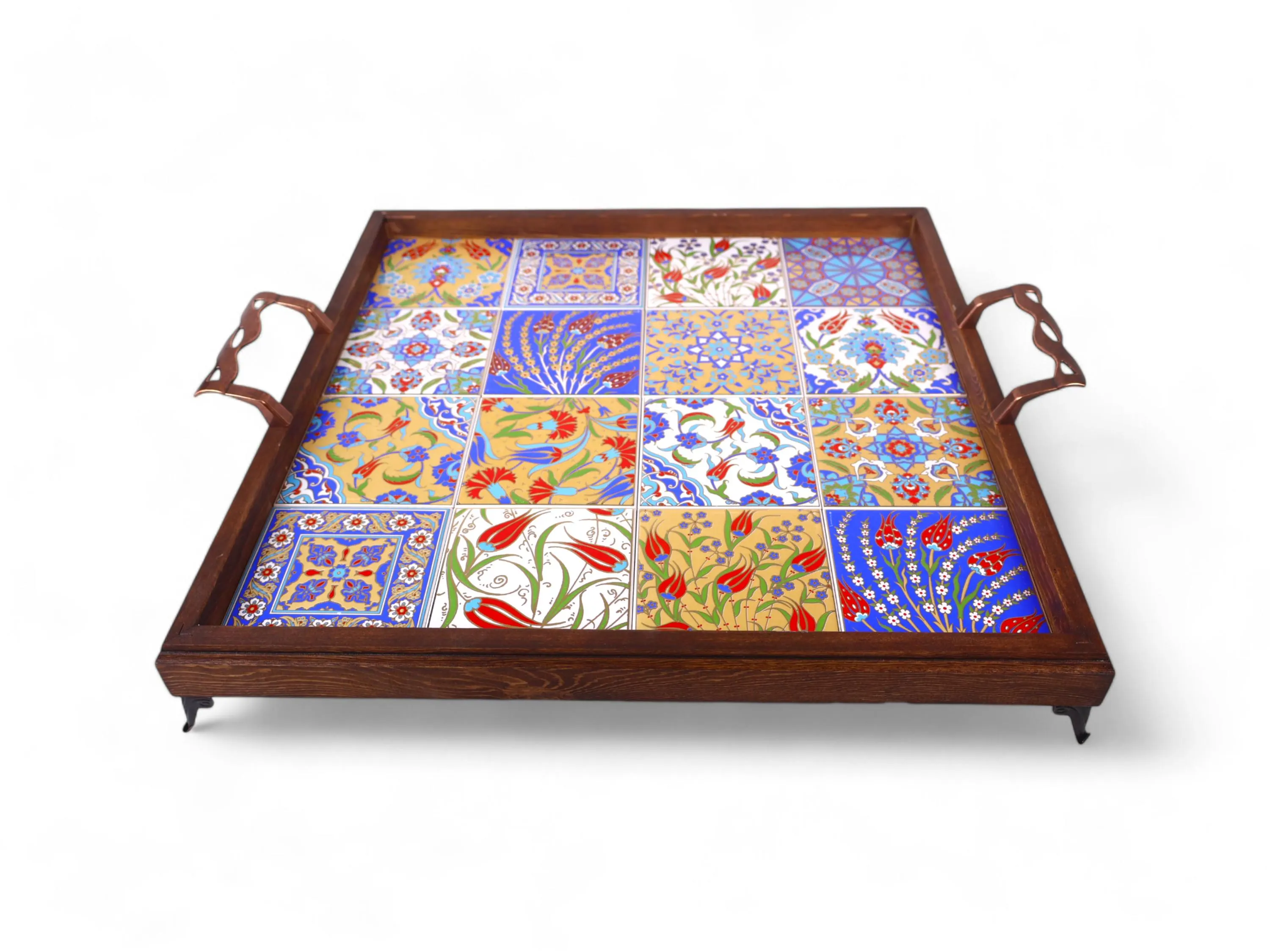 Large Wooden Serving Tray & Ceramic Gold-Gilded Tile, Decorative Floral Tile, Turkish Oriental Tile, Coffee Serving, Breakfast Dinner Plate