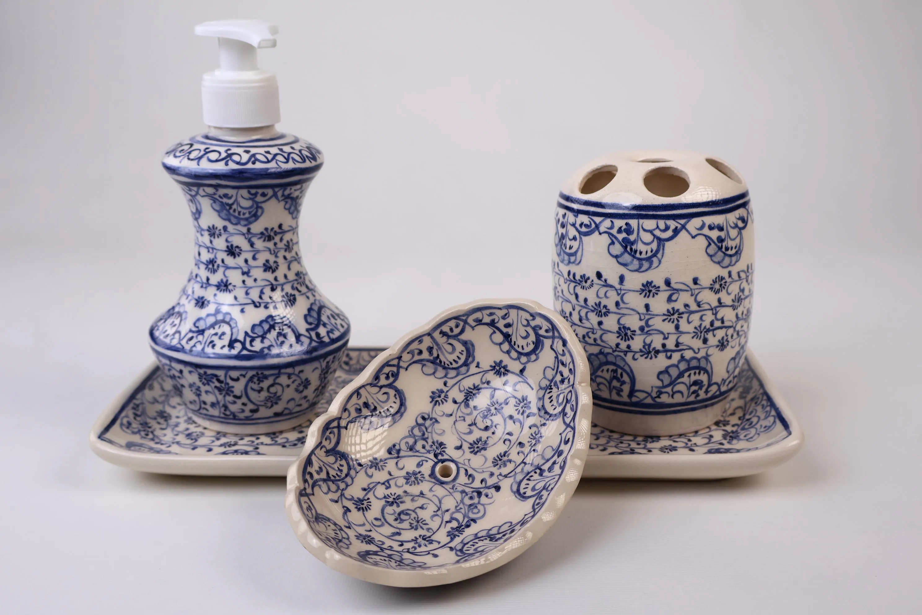 Bathroom Accessories Set with Blue Goldenhorn Design, Liquid Soap Dispenser &Pump, Toothbrush Holder, Soap Dish, Lotion Dispenser, Bath Gift