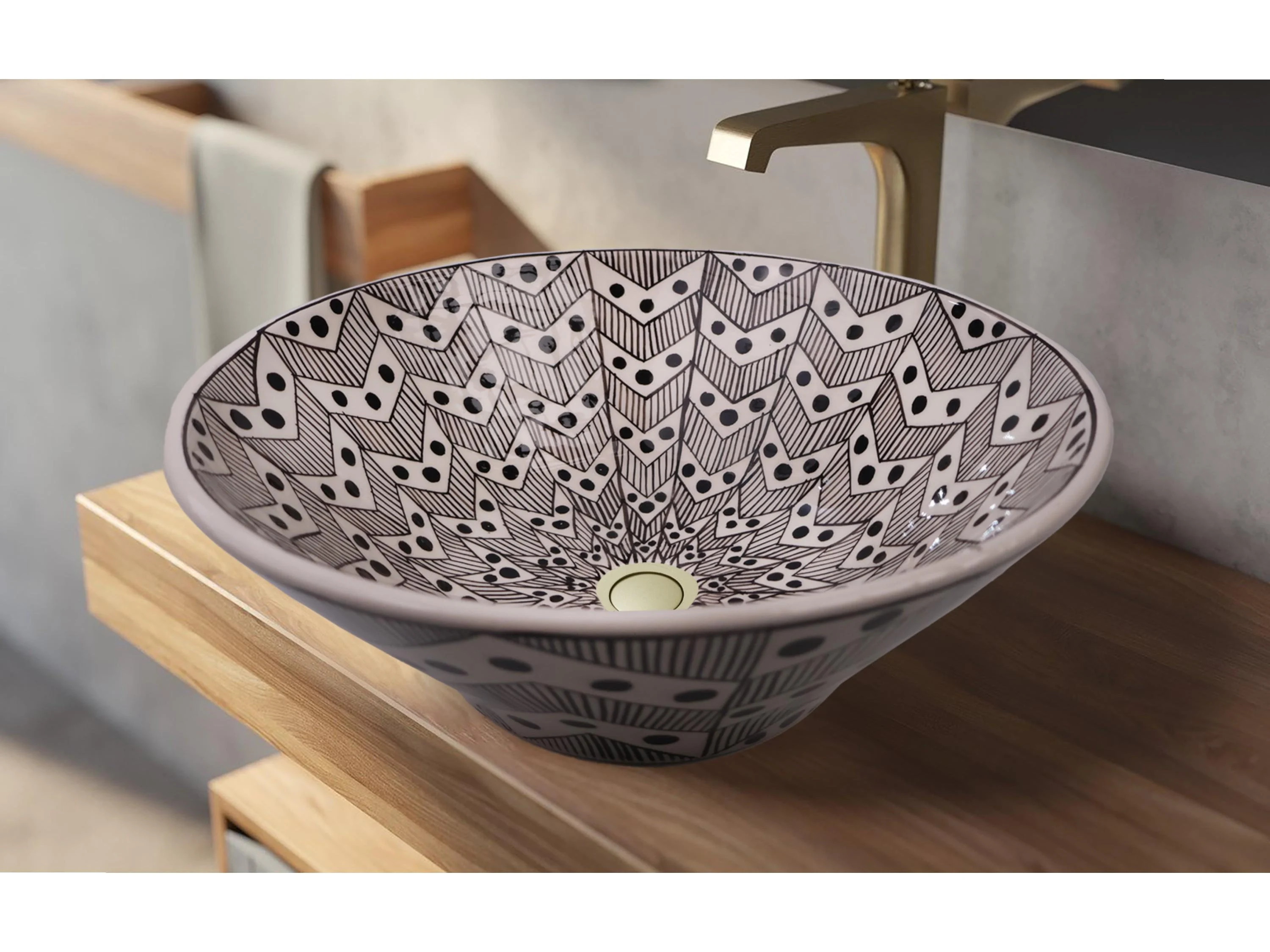 Black Dots and Geometric Patterned Bathroom Vessel Sink, Ceramic Countertop Basin, Bathroom Vanity Washbasin, Farmhouse Sink, Guest Bathroom