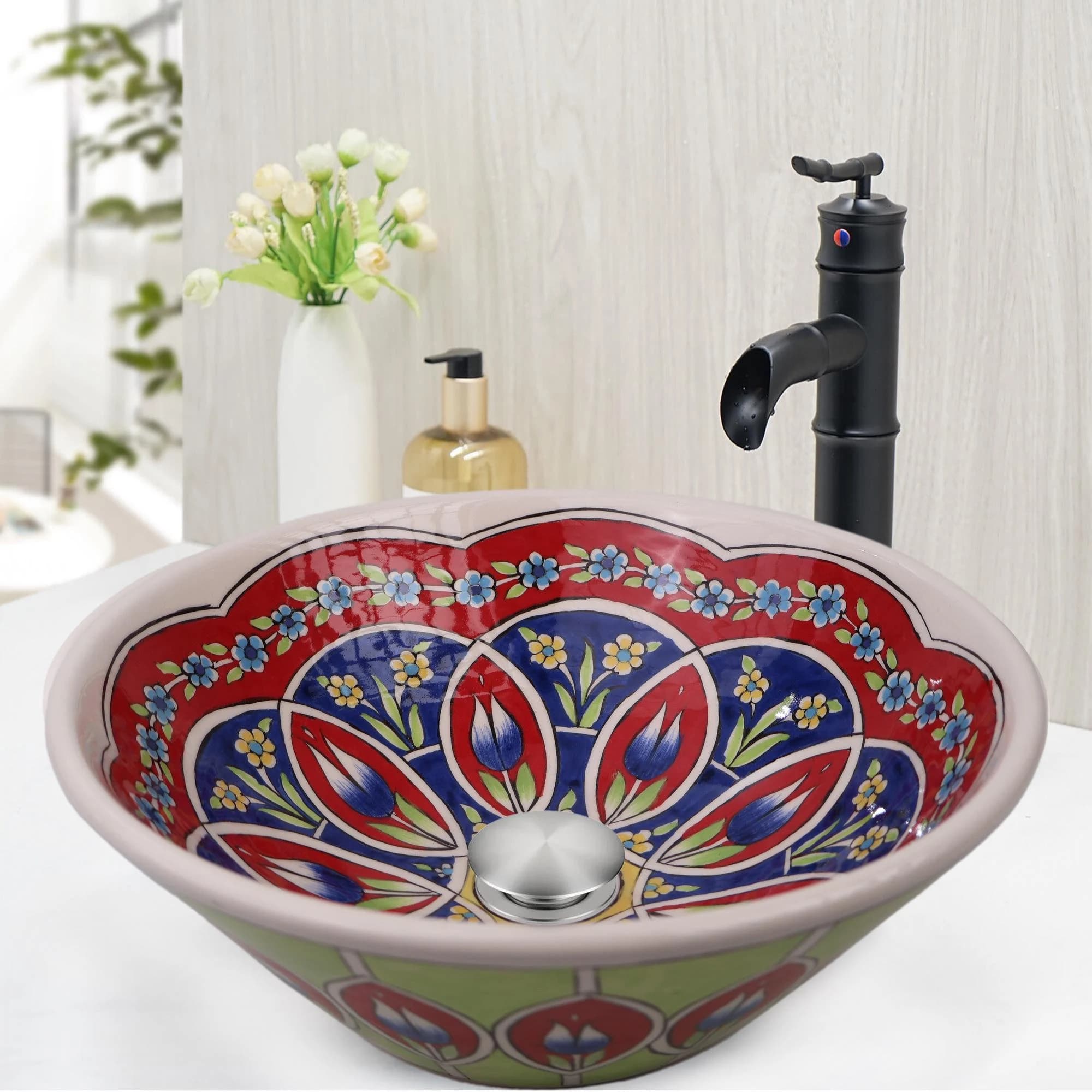 Bathroom Ceramic Green & Red Floral Basin, Kitchen Vessel Sink, Countertop Basin, Bathroom Remodeling, Artisan Wash Bowl, Bath Vanity Sink