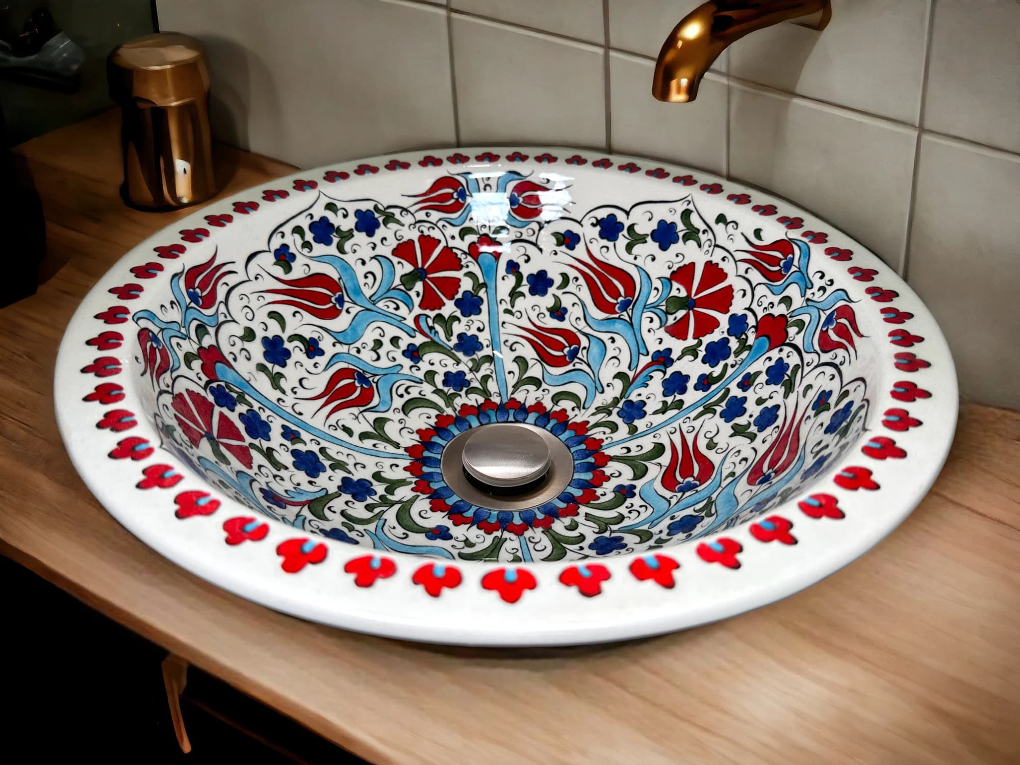Red Flower Painted Bathroom Countertop Sink, Ceramic Round Washbasin, Vanity Vessel Sink, Powder Room Basin, Downstairs toilet, Bath remodel - image 5