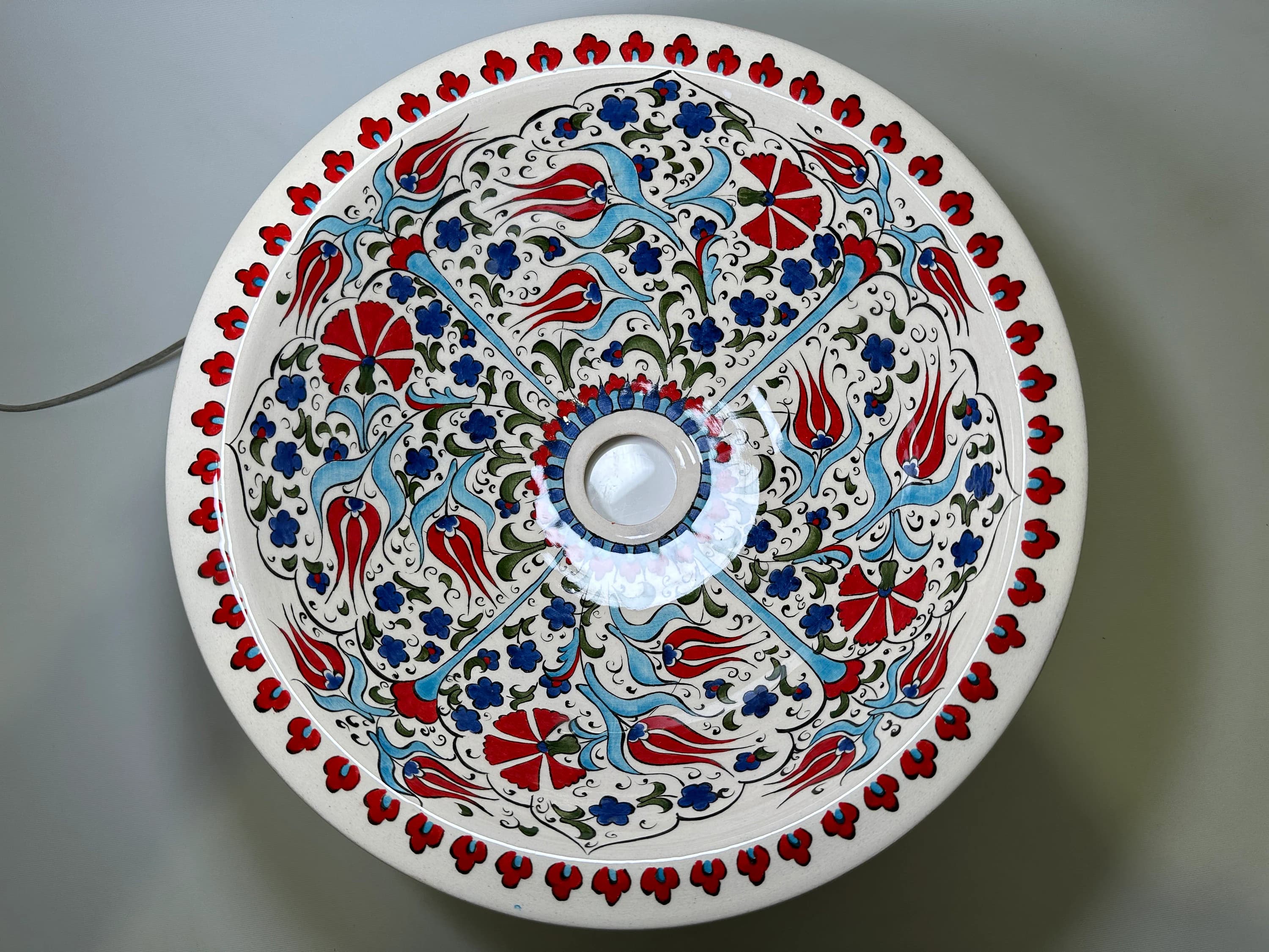 Red Flower Painted Bathroom Countertop Sink, Ceramic Round Washbasin, Vanity Vessel Sink, Powder Room Basin, Downstairs toilet, Bath remodel