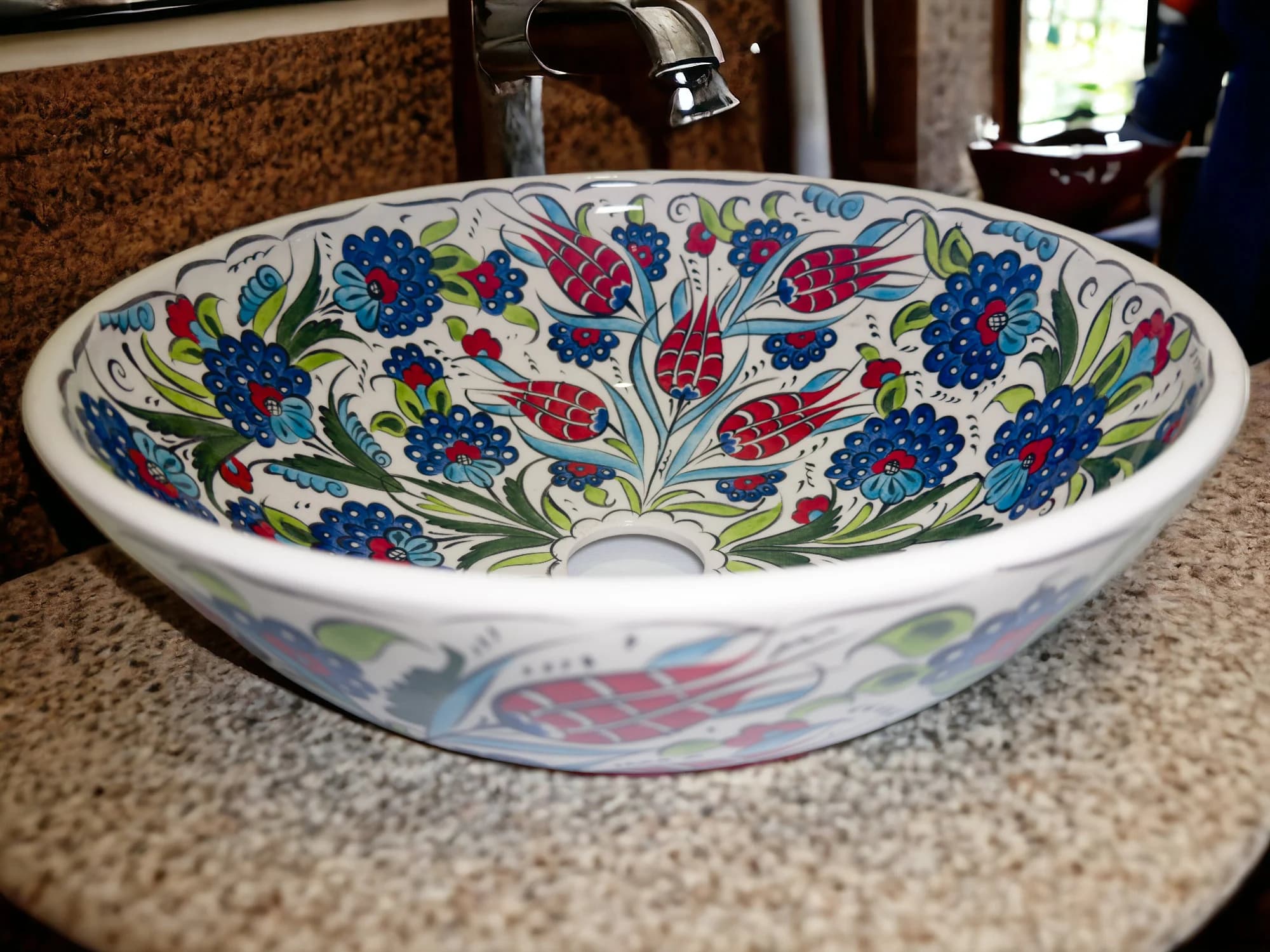Floral Decorative Bathroom Vessel Sink, Countertop Basin, Hand Painted Basin, Pottery Washbasin, Master Bathroom Sink, Kitchen Remodeling