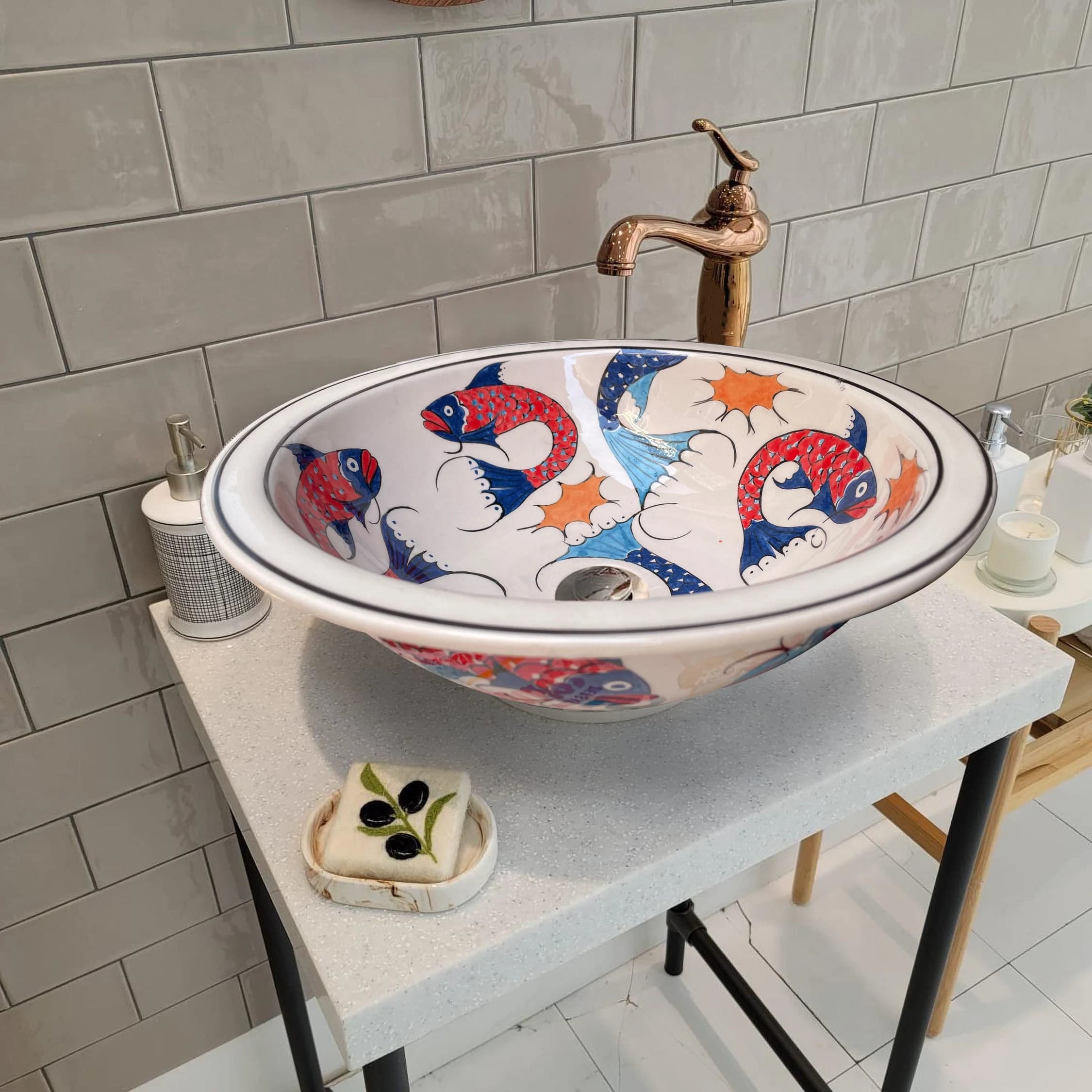 Bathroom Fish Design Sink, Ceramic Countertop Basin, Hand Painted Pottery Basin, Moroccan Washbasin, Guest Bathroom Remodeling, Marine Sink