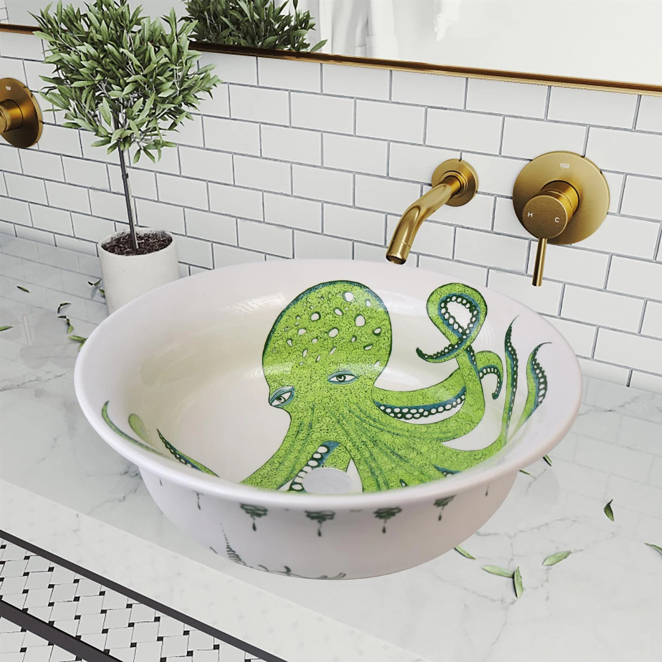 Bathroom Green Octopus & Spirals Vessel Vanity Sink, Ceramic Countertop Basin, Guest Bathroom Remodel, Kitchen Washbasin, Assorted Colors