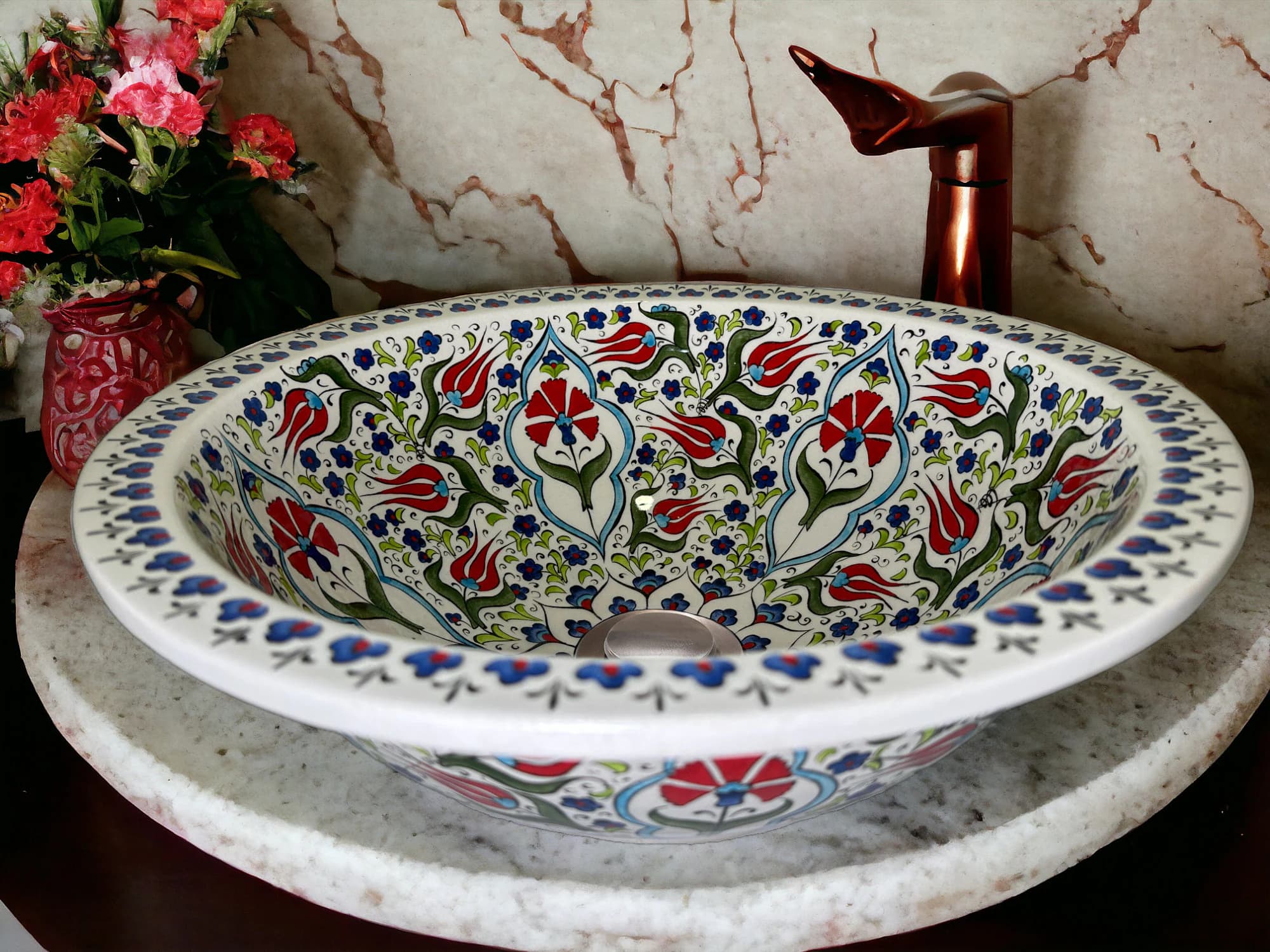 Ceramic Bathroom Vessel Sink, Countertop Basin, Hand Painted Basin, Pottery Sink, Washbasin, Mediterranean Decorative Sink, Bathroom Remodel