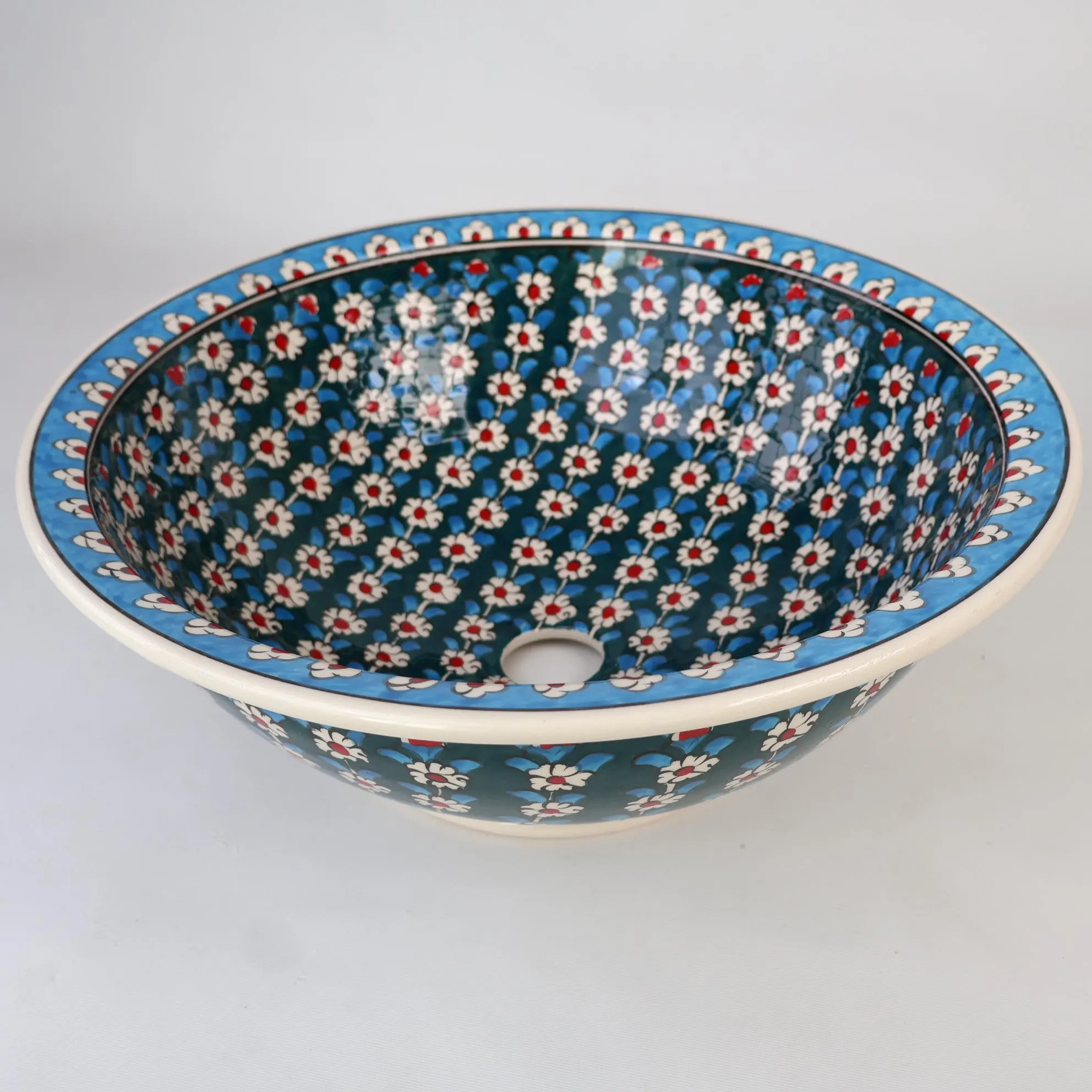 Teal Blue Floral Vessel Sink, Ceramic Bathroom Basin, Countertop Vanity Sink, Artisan Wash Bowl, Luxury Bathroom Decor, Downstairs Toilet - image 5