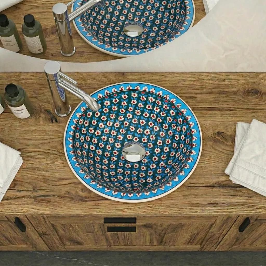 Teal Blue Floral Vessel Sink, Ceramic Bathroom Basin, Countertop Vanity Sink, Artisan Wash Bowl, Luxury Bathroom Decor, Downstairs Toilet