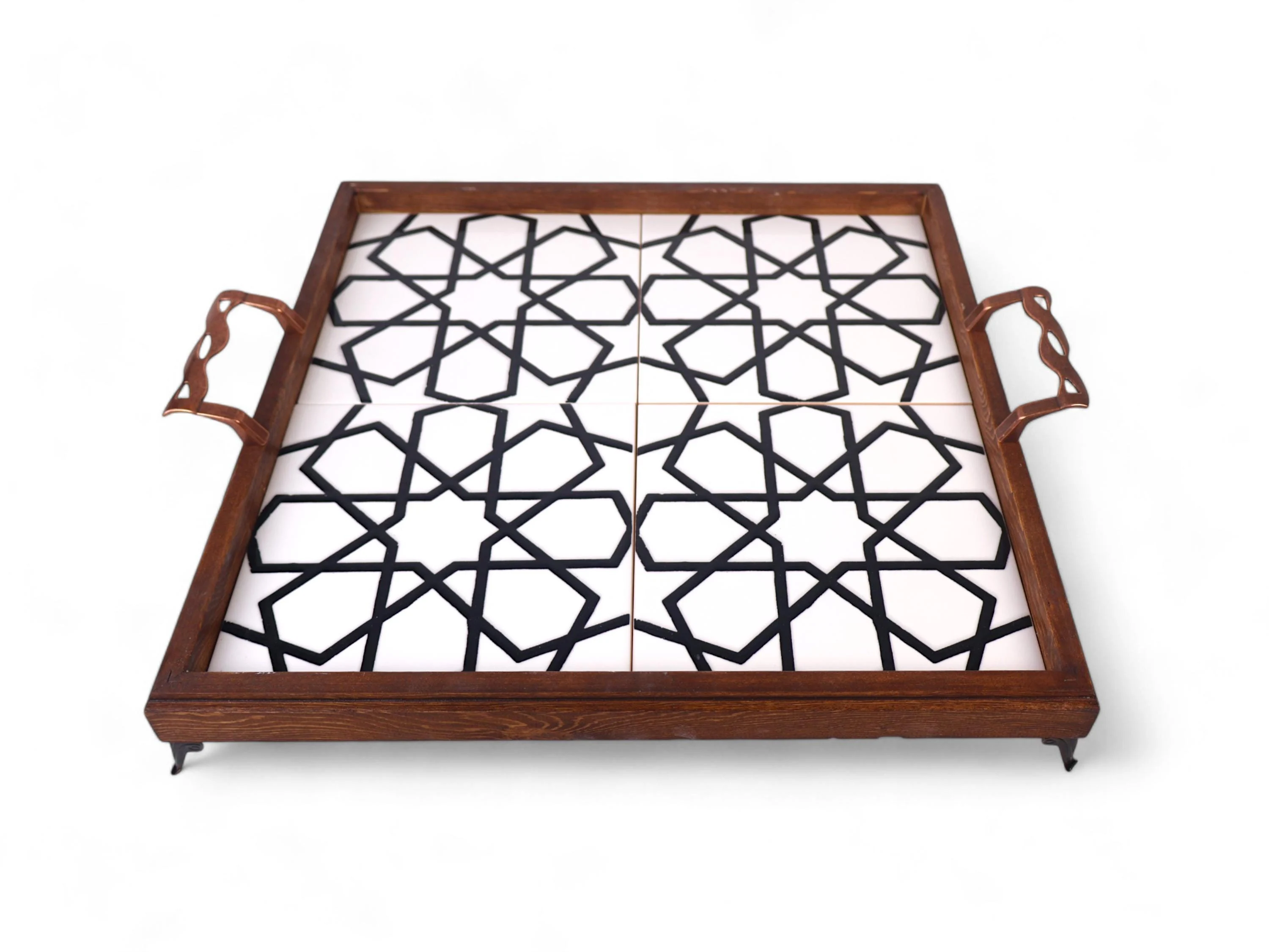 White Large Wooden Serving Tray & Ceramic Tile, Decorative Floral Tile, Mexican Turkish Oriental Tile, Organizer Serving, Breakfast Platter