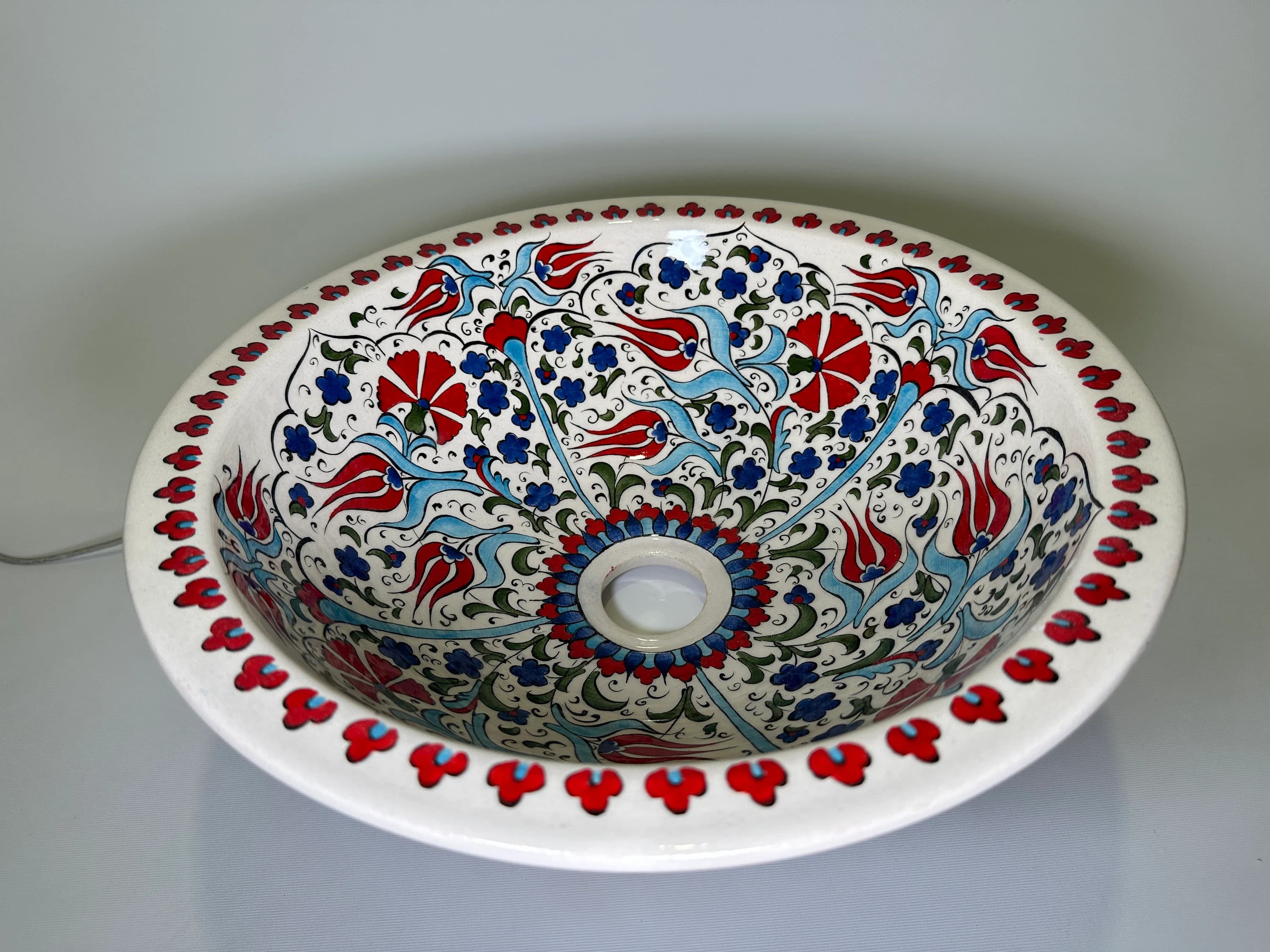 Red Flower Painted Bathroom Countertop Sink, Ceramic Round Washbasin, Vanity Vessel Sink, Powder Room Basin, Downstairs toilet, Bath remodel - image 3