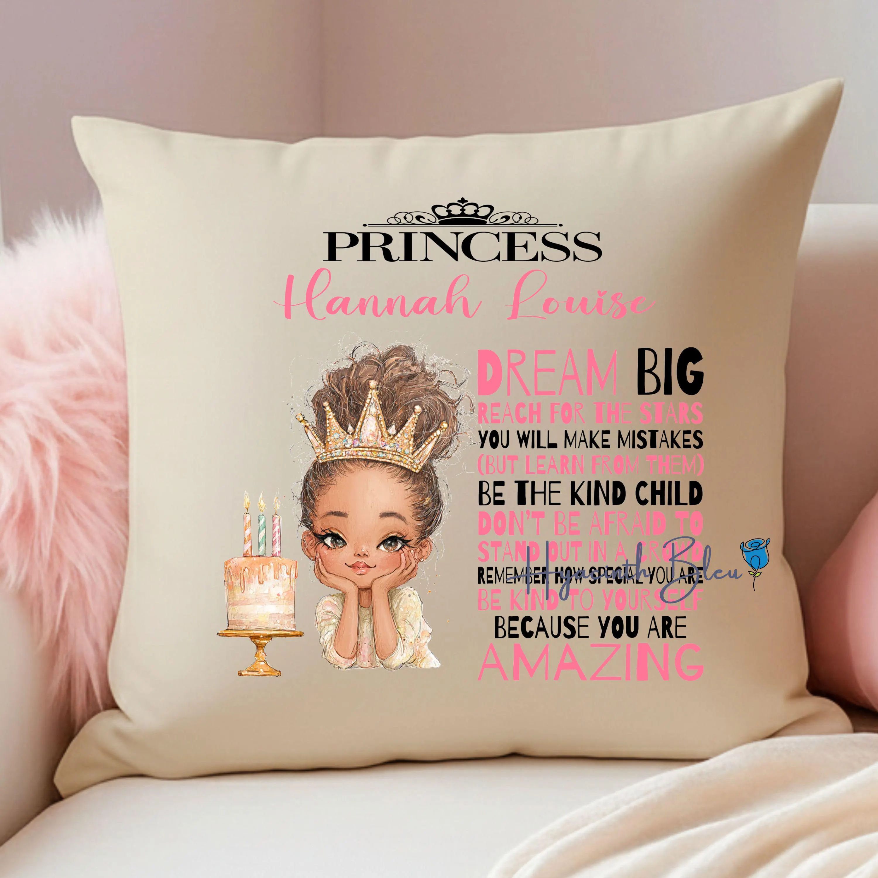 Personalised Princess Girl Cushion Gift, Birthday Keepsake, Daughter Affirmation Bedroom Decor