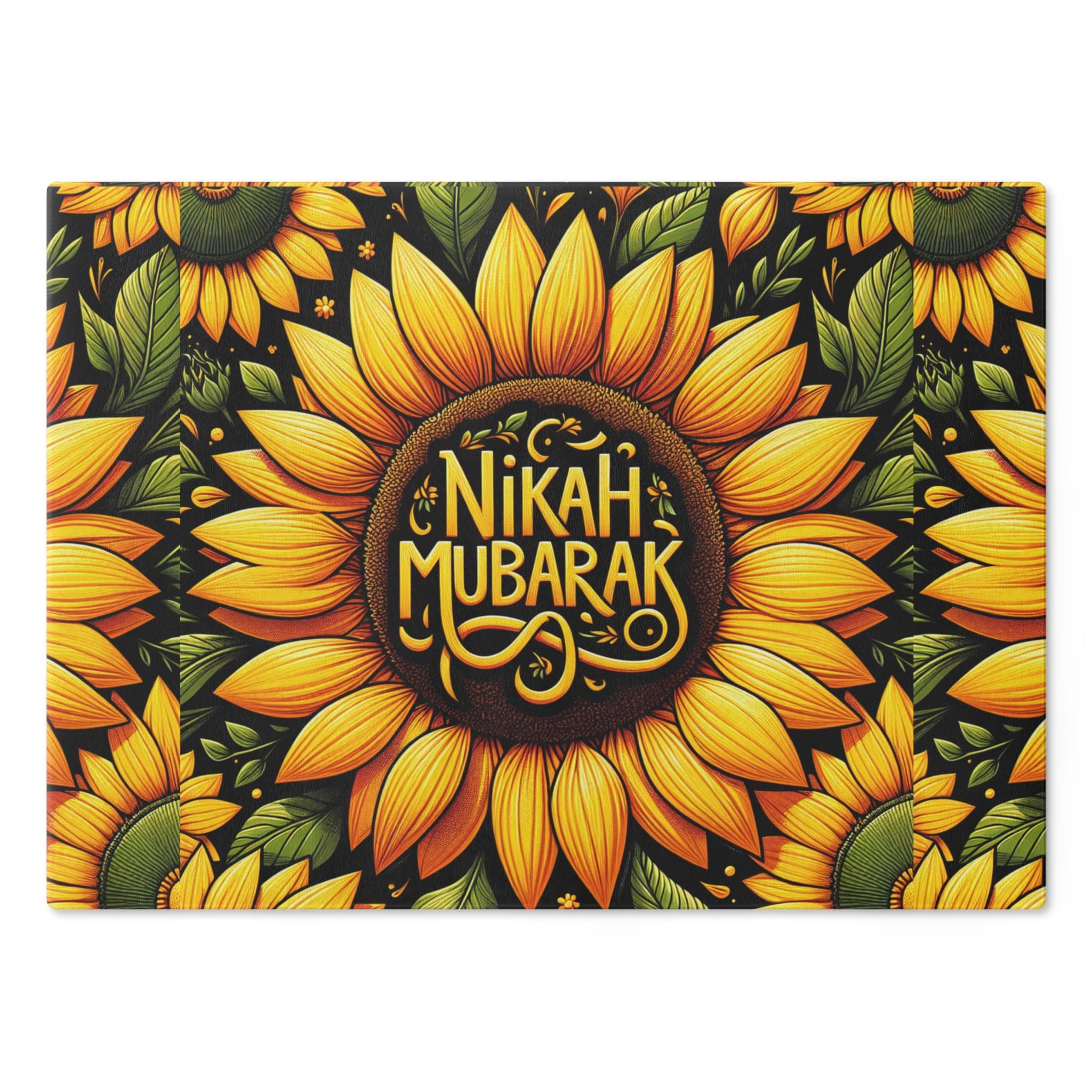 Tempered Glass Cutting Board Rubber Feet-Non-Slip Islamic Nikah Mubarak Sunflower Design Muslim Kitchen Decor, Mother's Day Gift Dishwasher