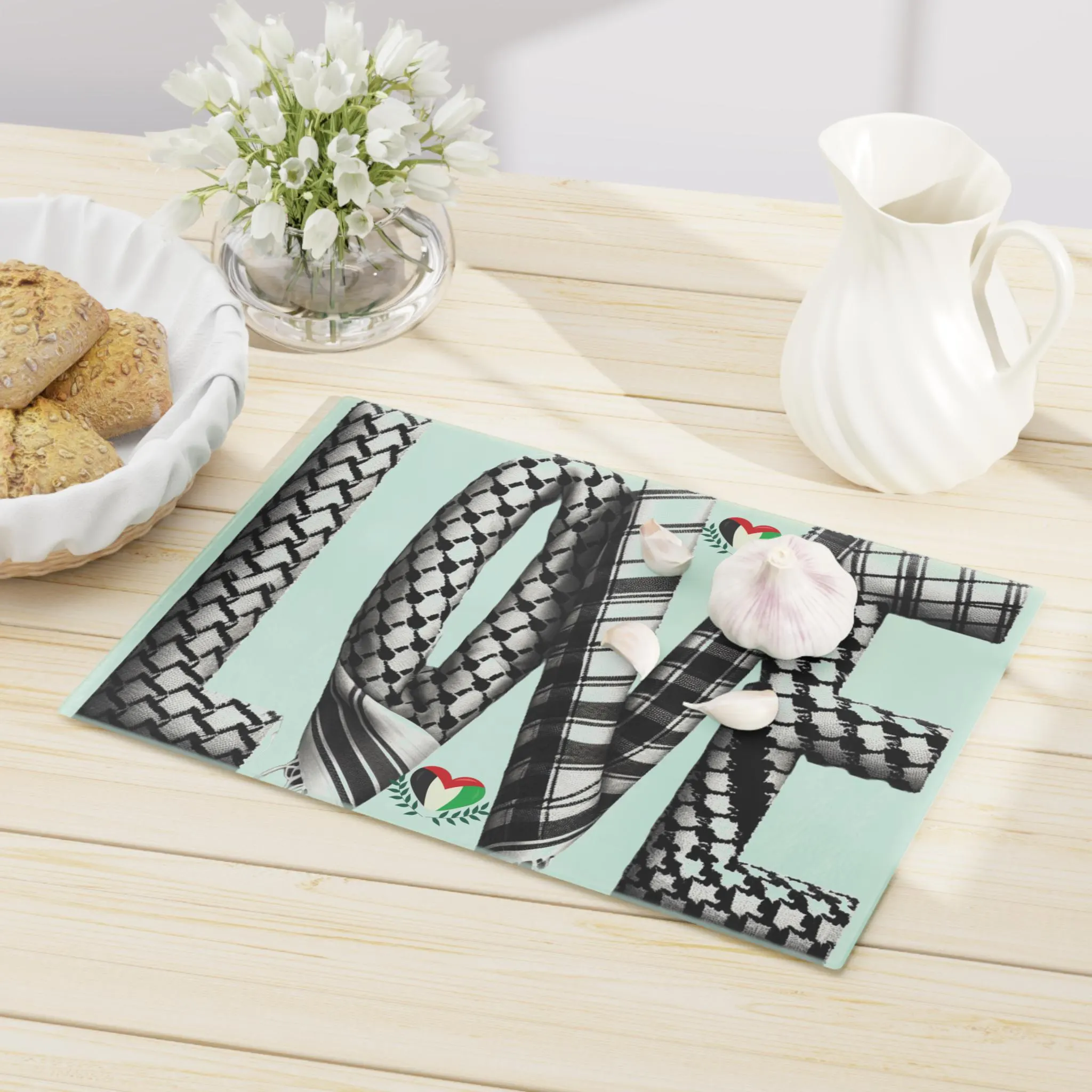 Glass Cutting Board, Artistic Charcuterie Love Keffiyeh Palestinian Mother's Day Save Gaza Activist, Islamic Kitchen Arabic Palestinians - image 5