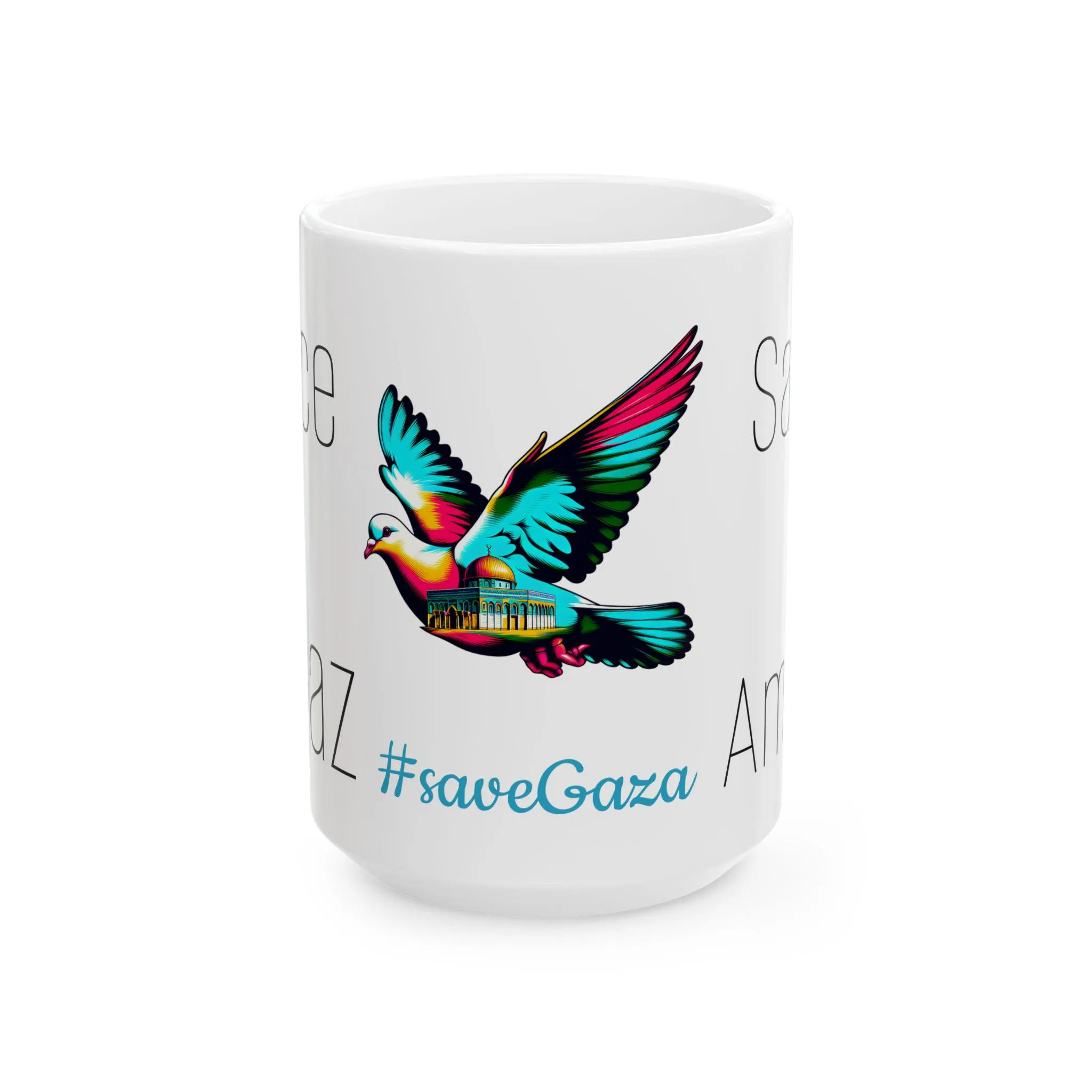 Colorful Save Gaza Peace Ceramic Mug, Urdu Hispanic Dove Bird Gift, Arabic Muslim Home, Palestine Activist Gift, Artistic Islamic Aqsa Mug - image 3