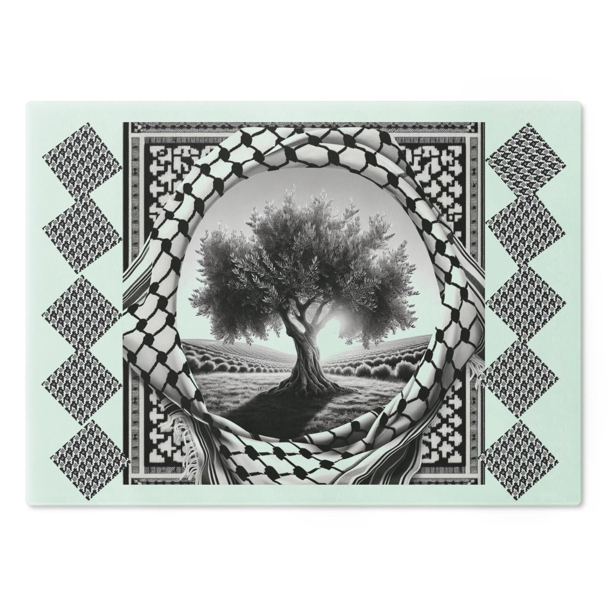 Glass Cutting Board Rubber Feet Non-Slip Free Palestine Olive Tree Design Muslim Activist Kitchen Decor, Safe Gaza Keffiyeh Tray, Palestine
