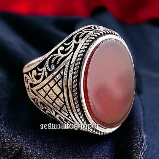 Red Agate Sterling Silver Ring: Turkish Handmade Engraved Gemstone - image 3