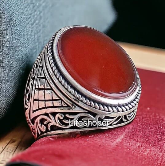 Red Agate Sterling Silver Ring: Turkish Handmade Engraved Gemstone - image 5