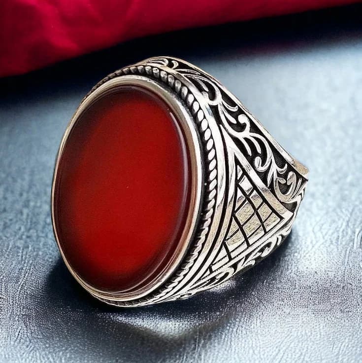 Red Agate Sterling Silver Ring: Turkish Handmade Engraved Gemstone