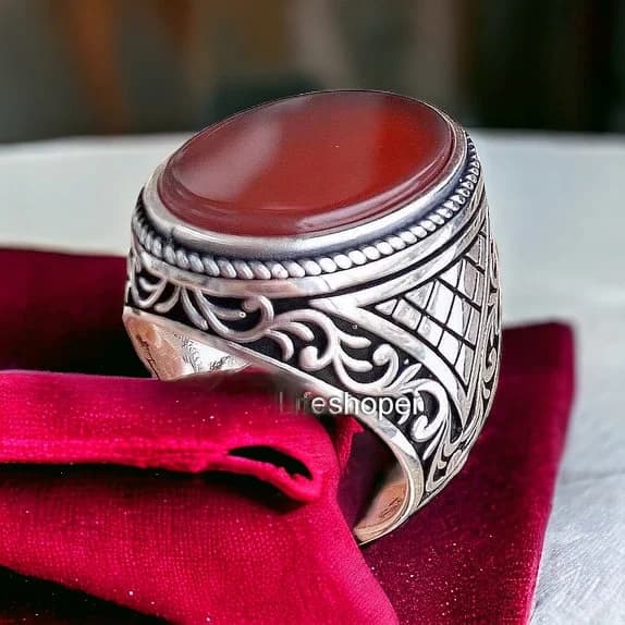 Red Agate Sterling Silver Ring: Turkish Handmade Engraved Gemstone - image 4