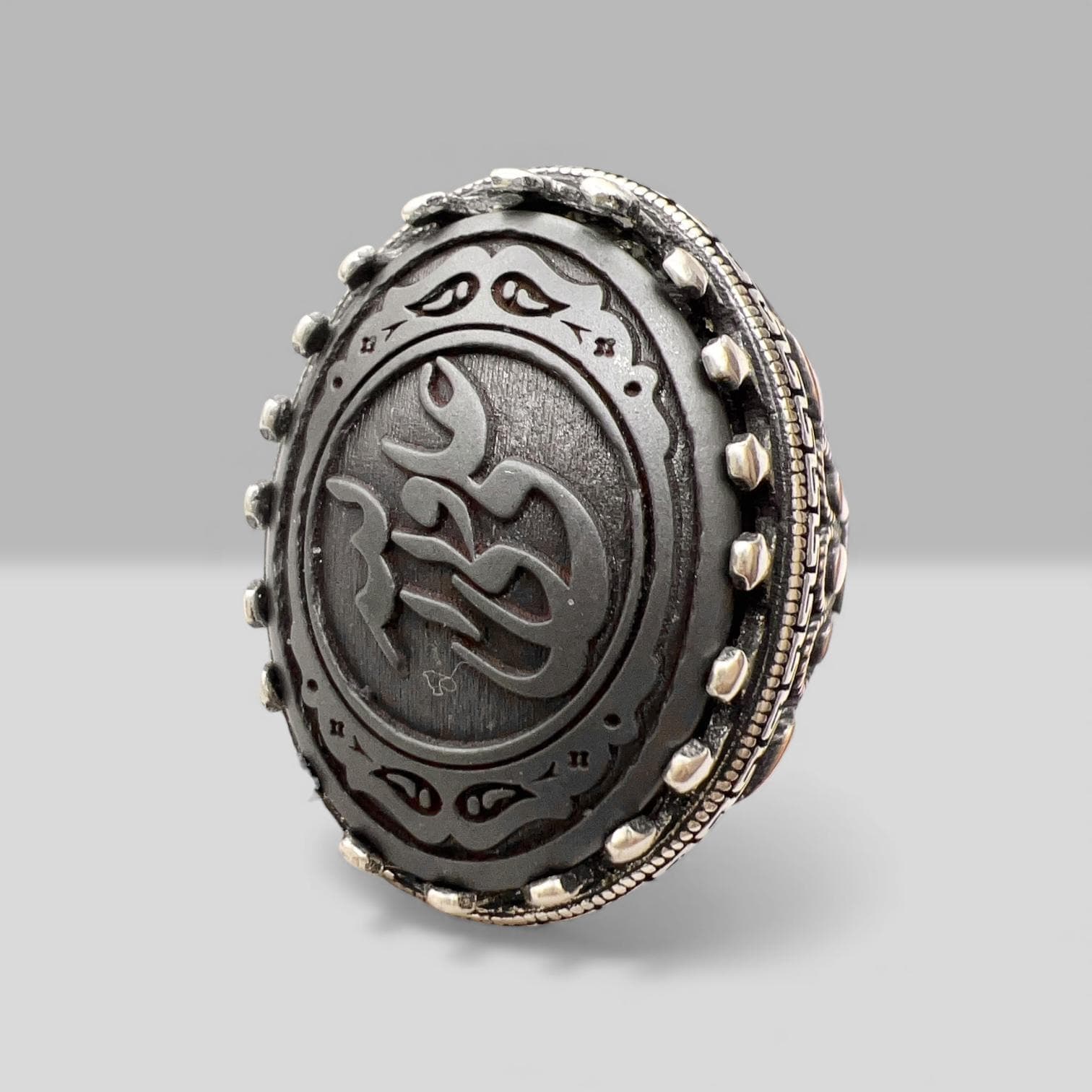 Islamic Arabic Carving Natural Hadid sini Hematite Hz Ali Vali Allah, 925 silver Ring,Shia,Ahlulbeyt علی ولی الله