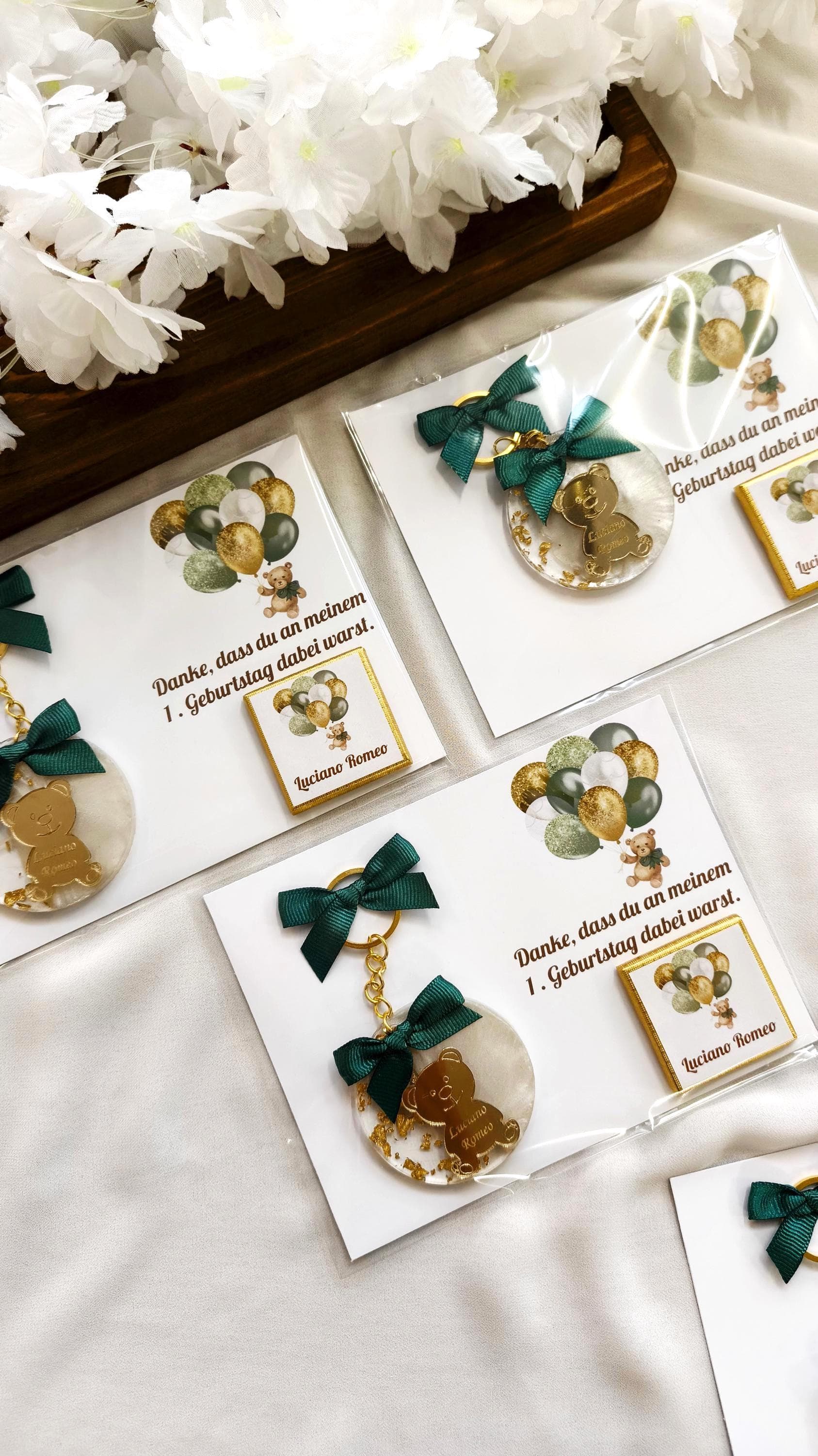 Green Ballons Teddy bear Party Keychain Favors, New Born Party Gifts, Baby Boy Shower Chocolate Gift - image 4